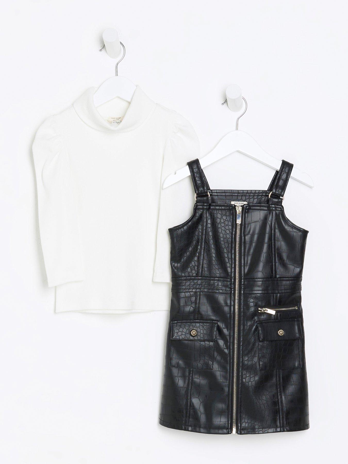 River Island Mini Mini Girls Faux Leather Pinafore Dress Black littlewoods