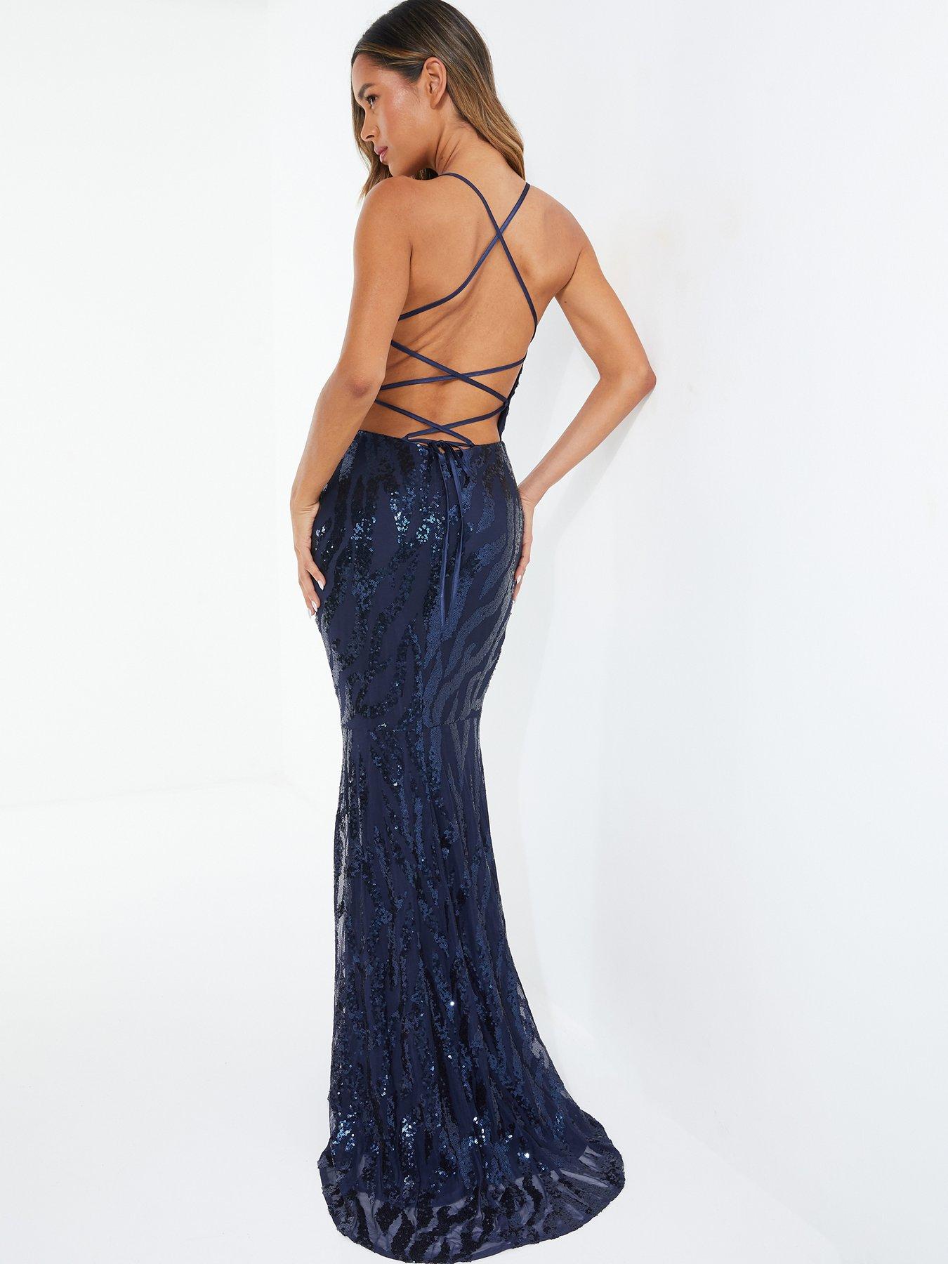 Bardot Fishtail Dress Quiz Navy Sequin Bardot Maxi Dress Blue