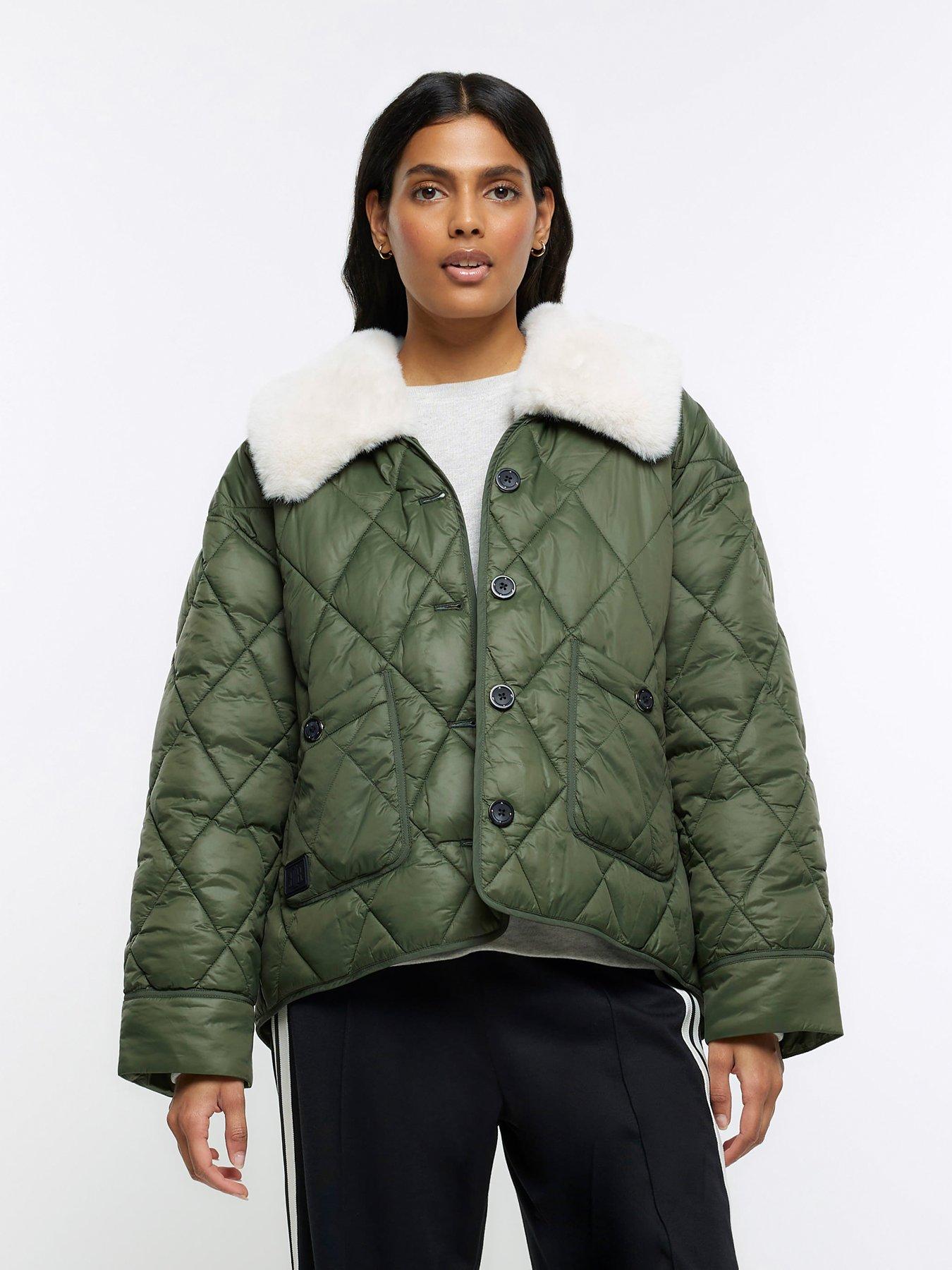 Faux Fur Collar Padded Jacket Khaki