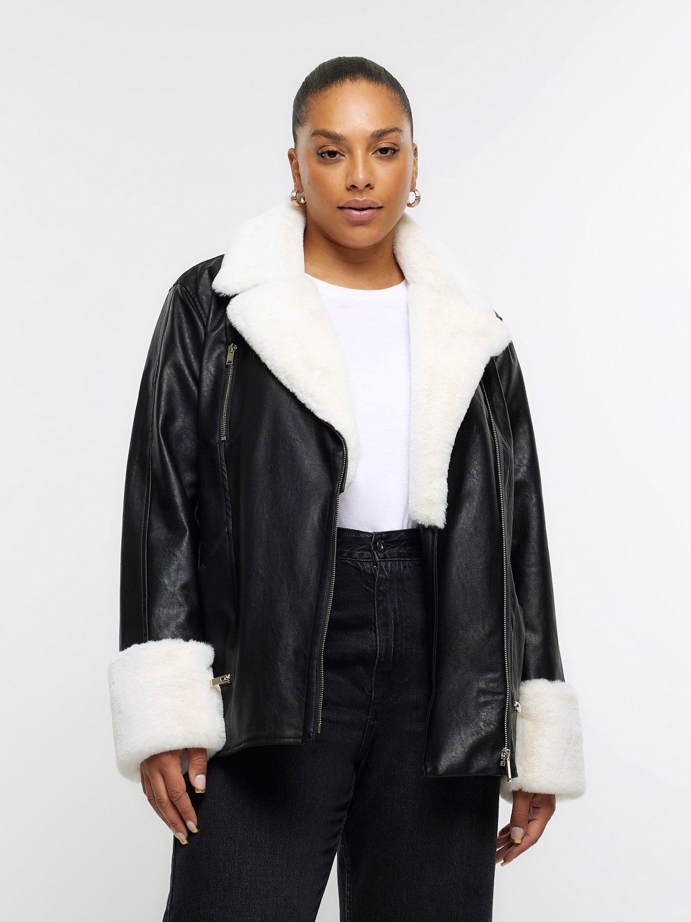 River Island Plus Contrast Fur Biker Jacket Black littlewoods