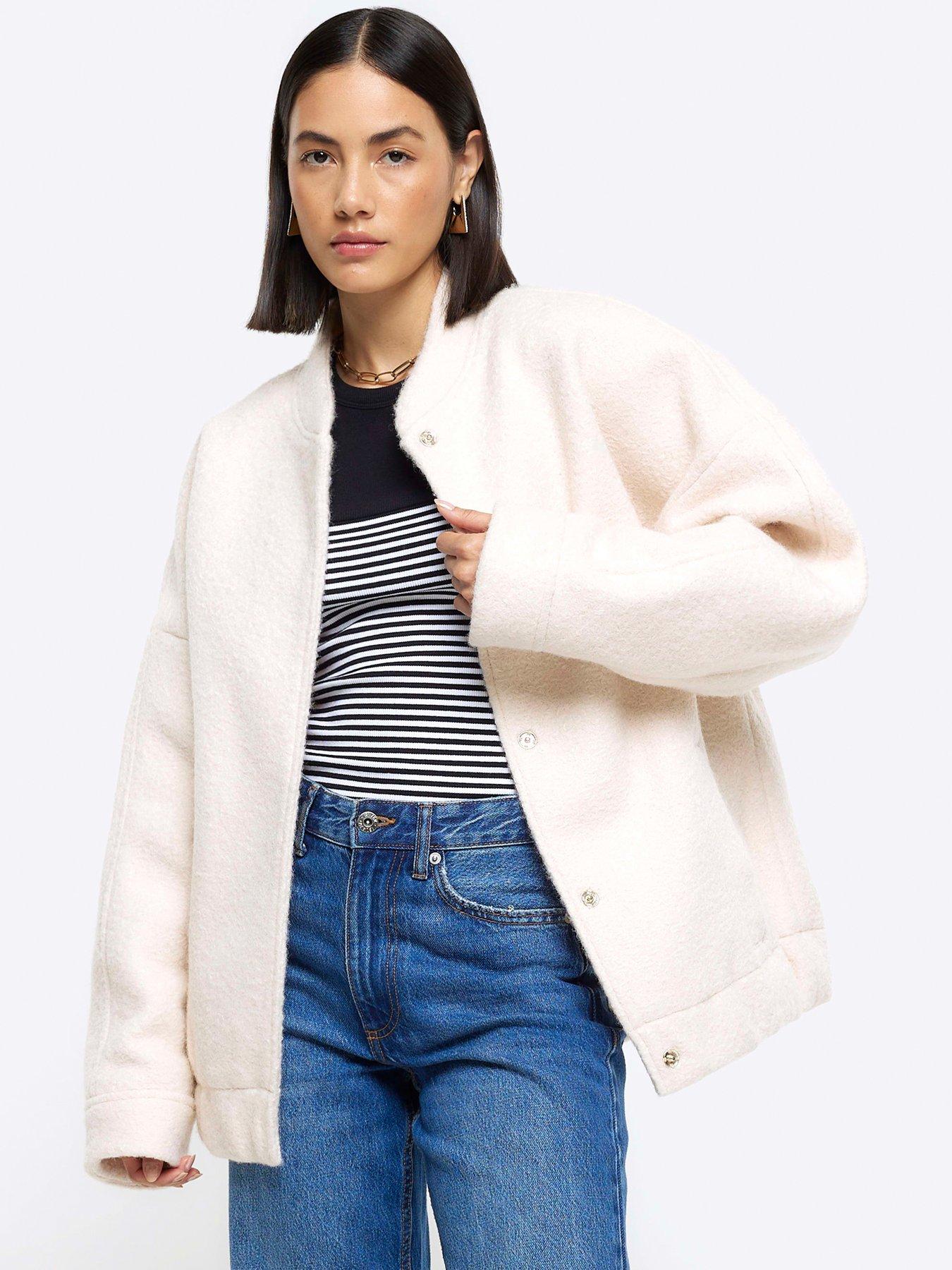 River Island Faux Wool Bomber Jacket Cream littlewoods