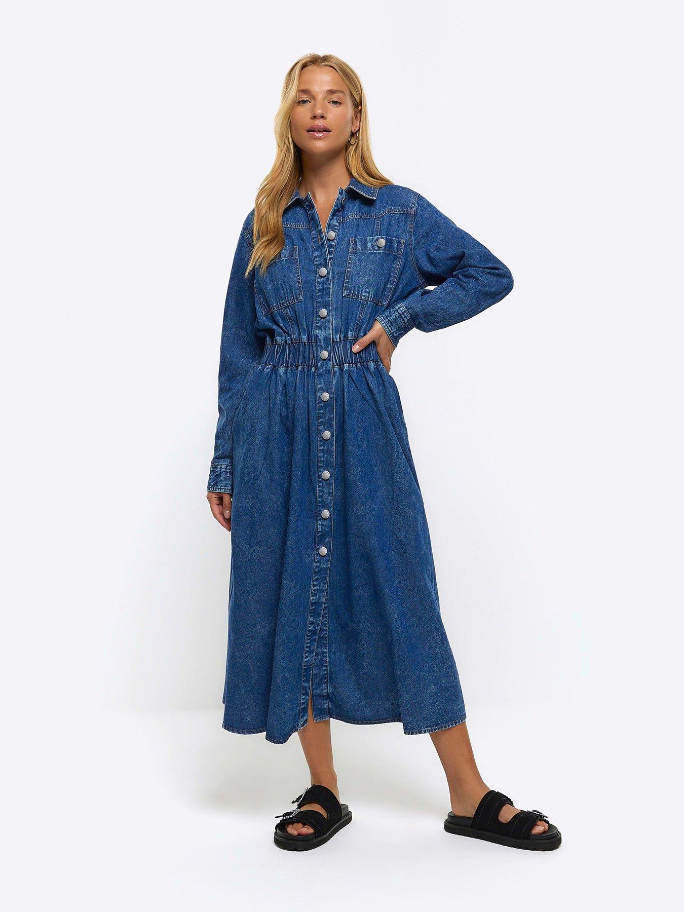 River Island Belted Denim Shirt Midi Dress Blue littlewoods