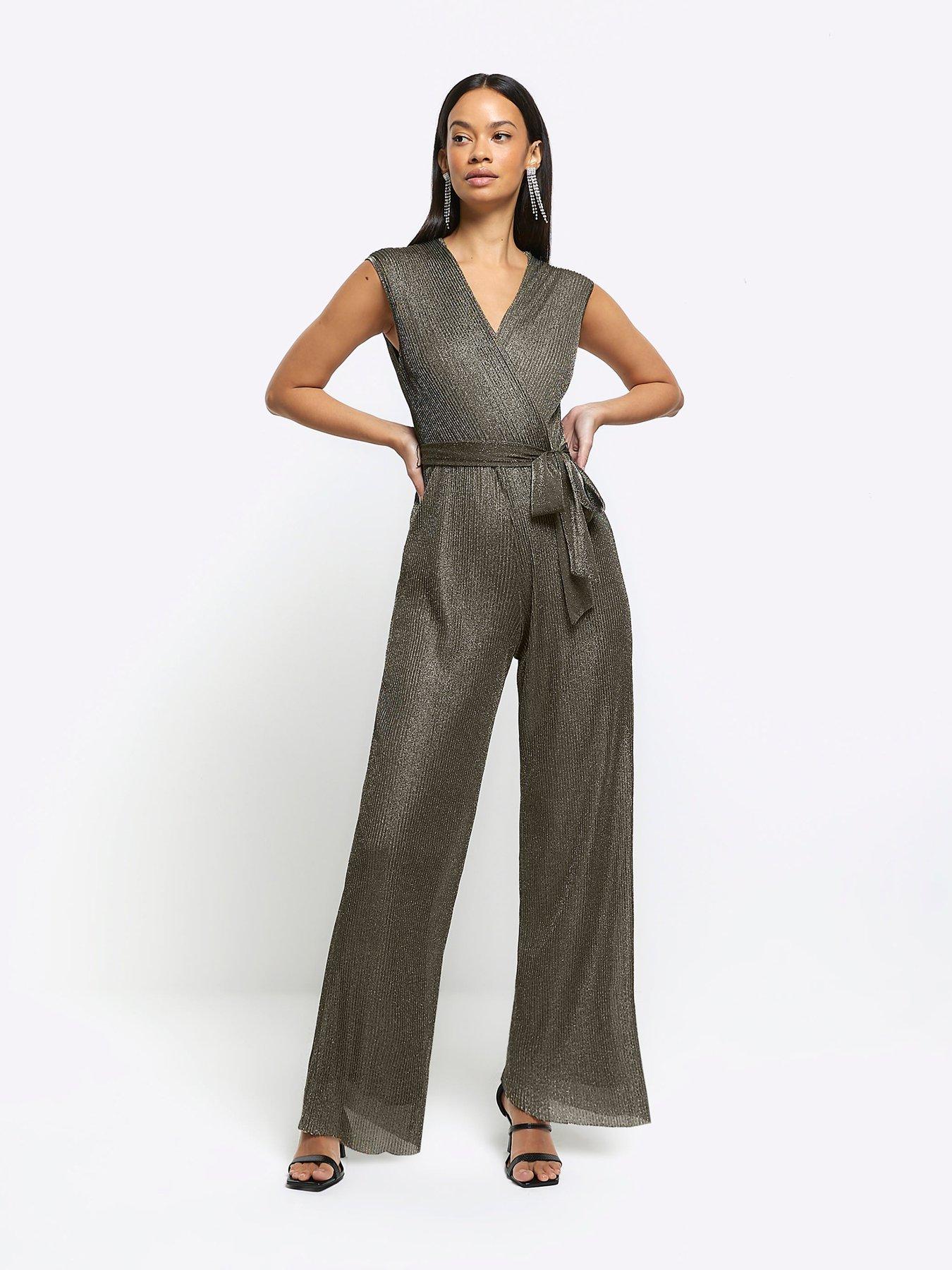 Metallic Plisse Wrap Jumpsuit Bronze