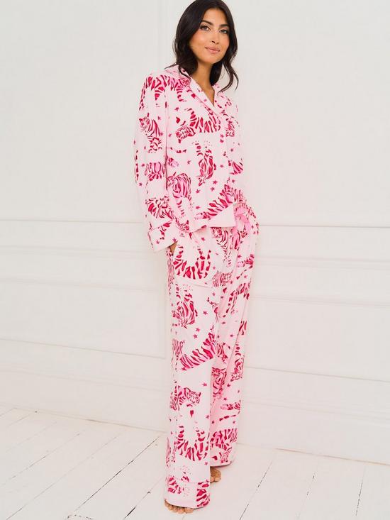 front image of jim-jam-the-label-baby-fleece-tiger-print-pyjama-set-pink