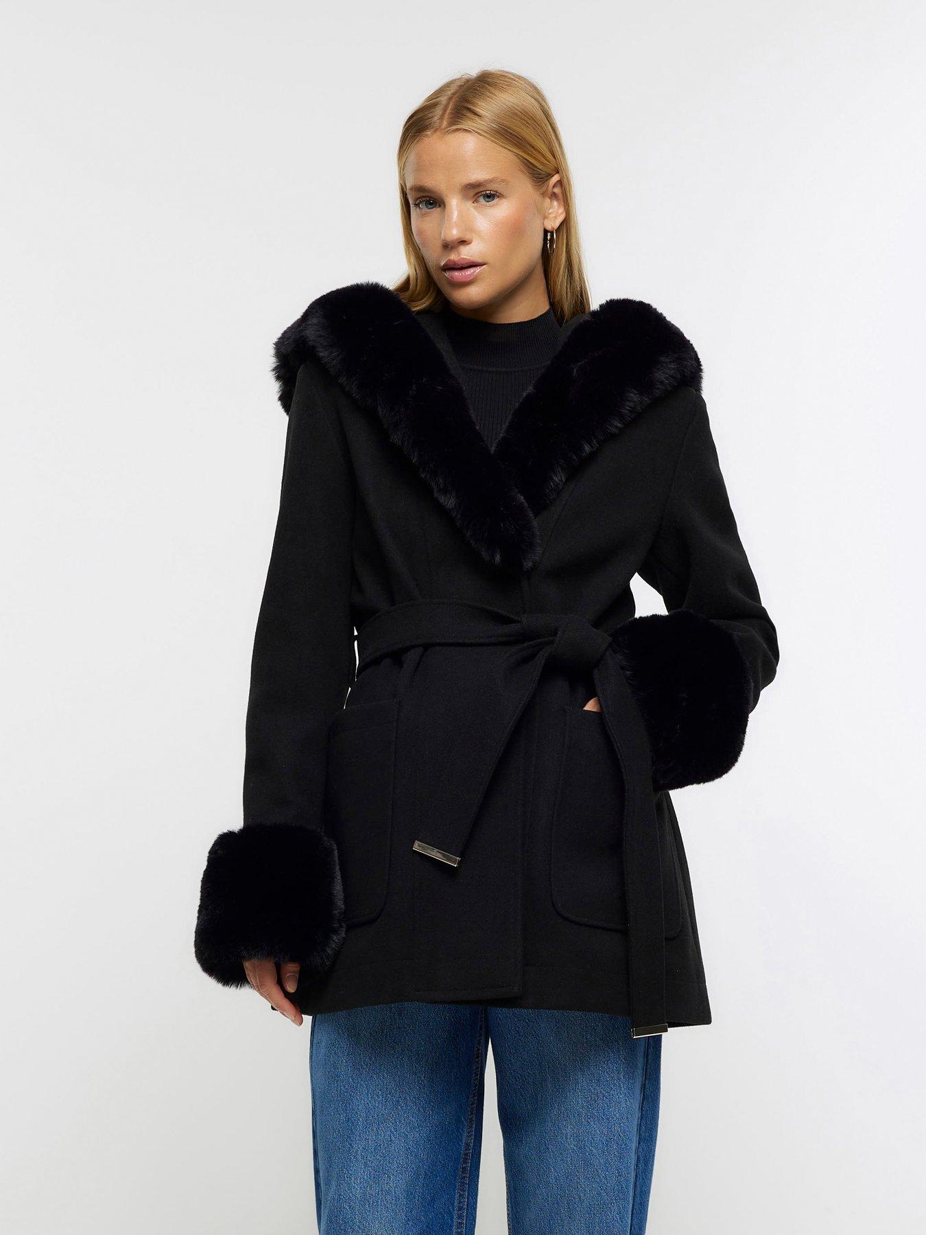 Monsoon Felicity Faux Fur Trim Belted Wool Coat - Black