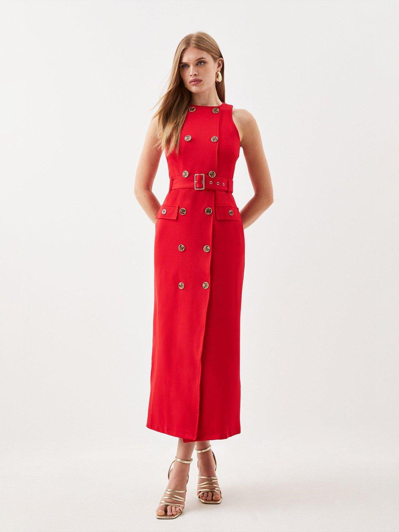 Karen Millen Button Detail Belted Midi Dress - Red