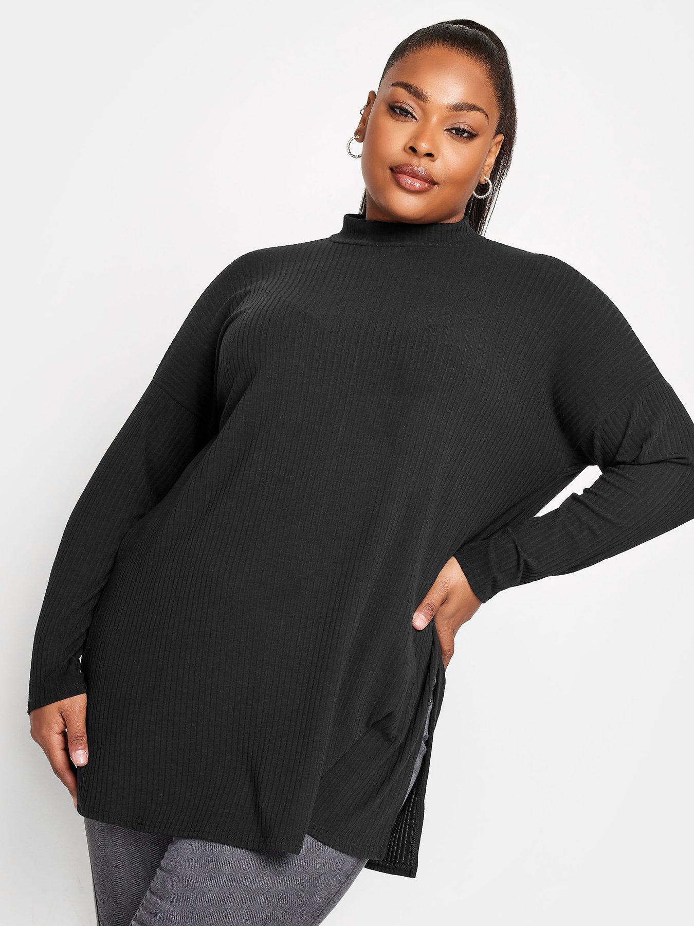 Yours Oversized Turtle Neck Rib Ls T Shirt. Black littlewoods