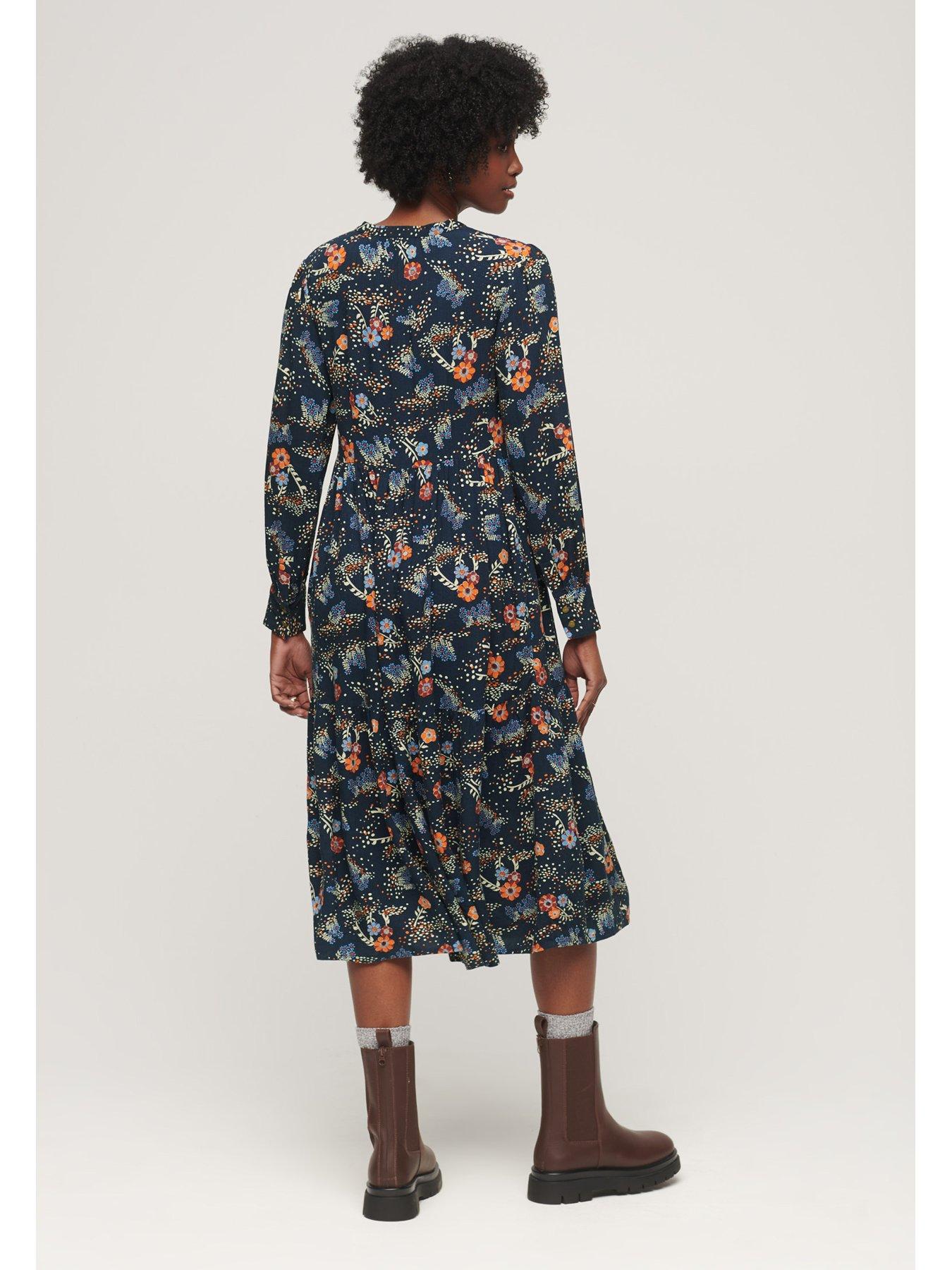 Superdry Long Sleeve Tiered Midi Dress - Blue | littlewoods.com