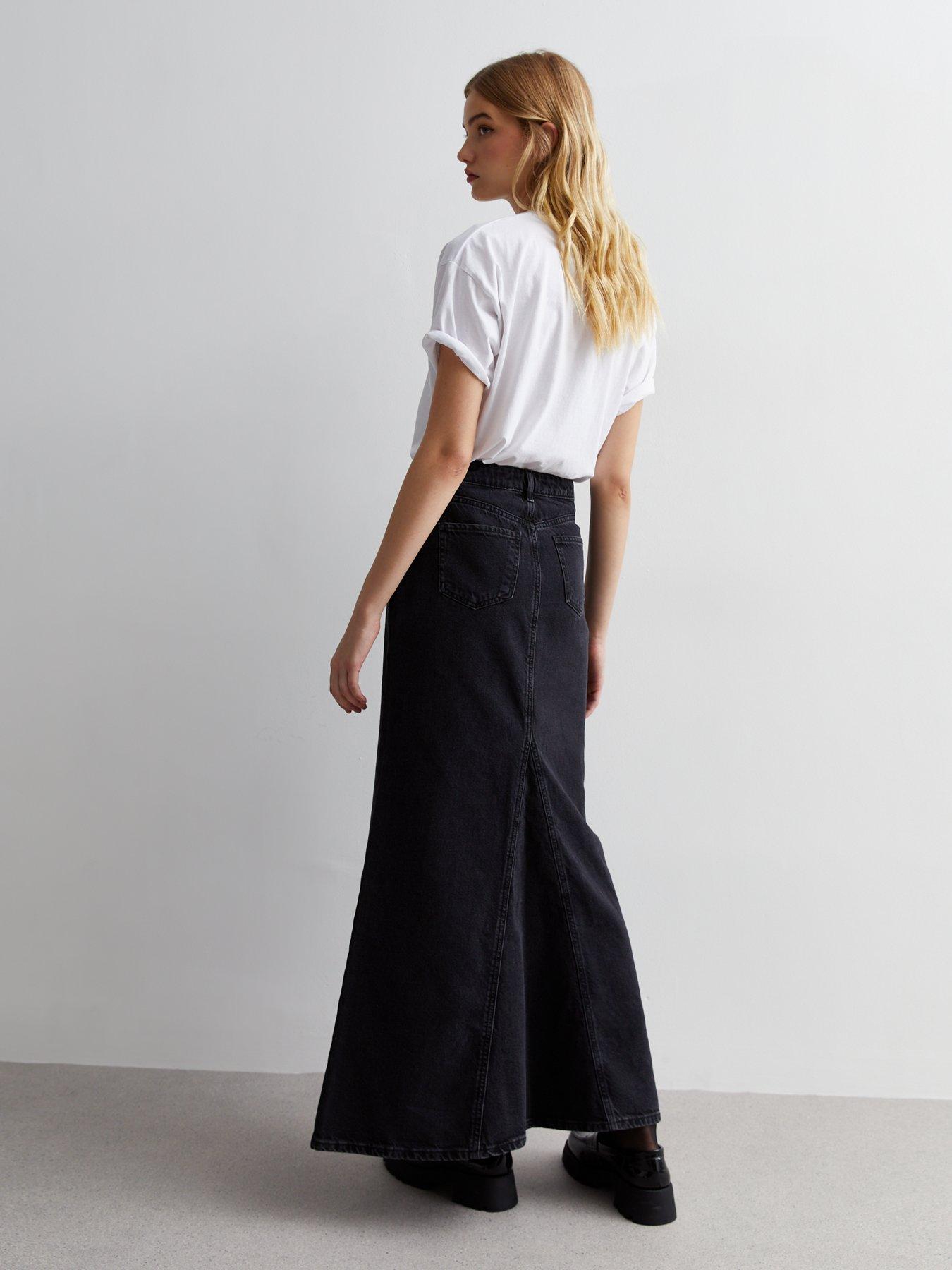 Black Denim Flared Maxi Skirt