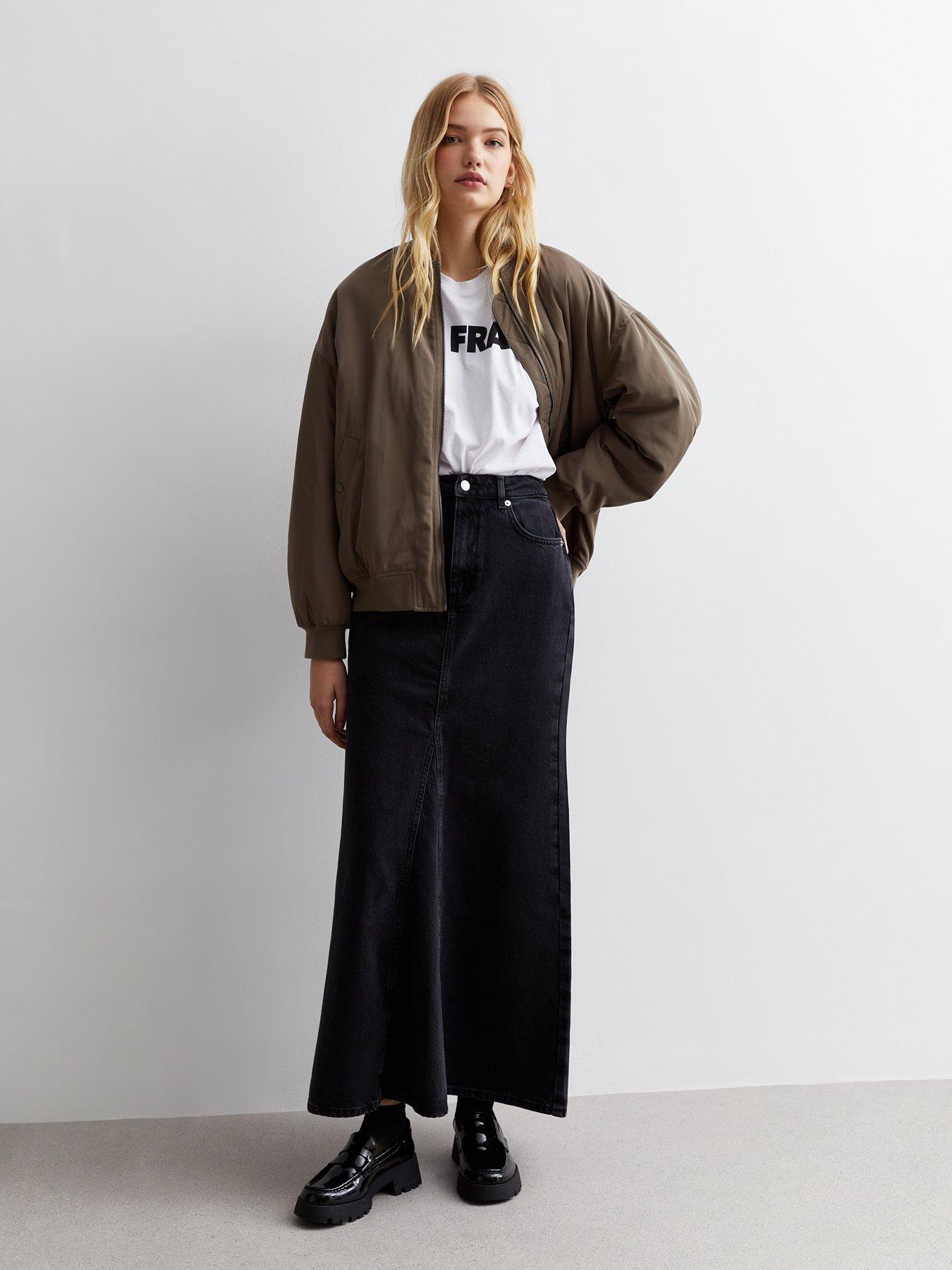 Black Denim Flared Maxi Skirt