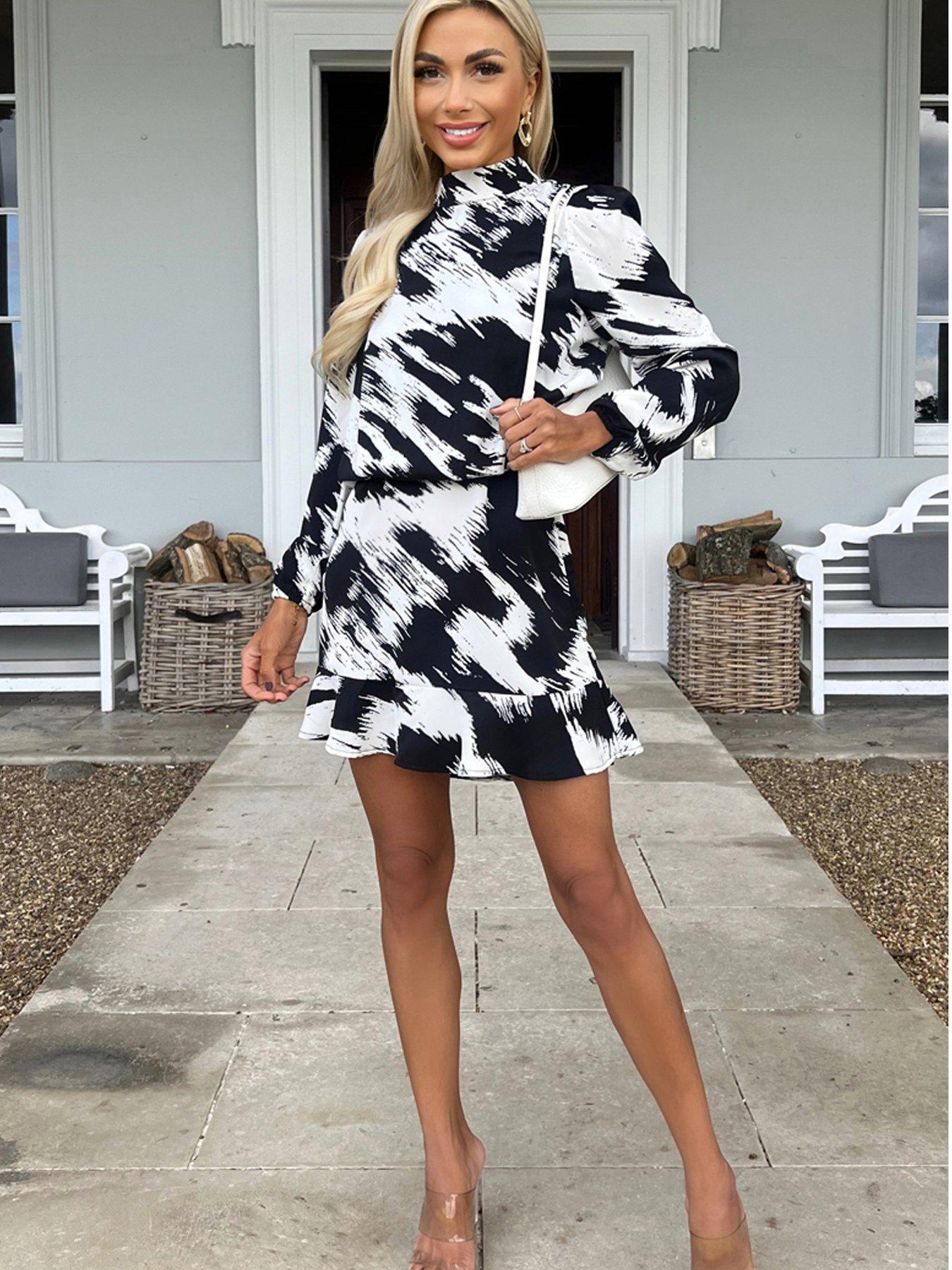 AX Paris Black And White High Neck Long Sleeve Skater Dress