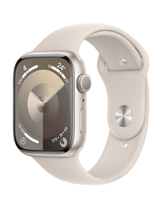 front image of apple-watch-series-9-gps-45mm-starlight-aluminium-case-with-starlight-sport-band