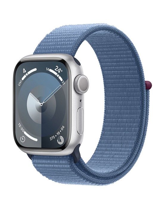 front image of apple-watch-series-9-gps-41mm-silver-aluminium-case-with-winter-blue-sport-loop