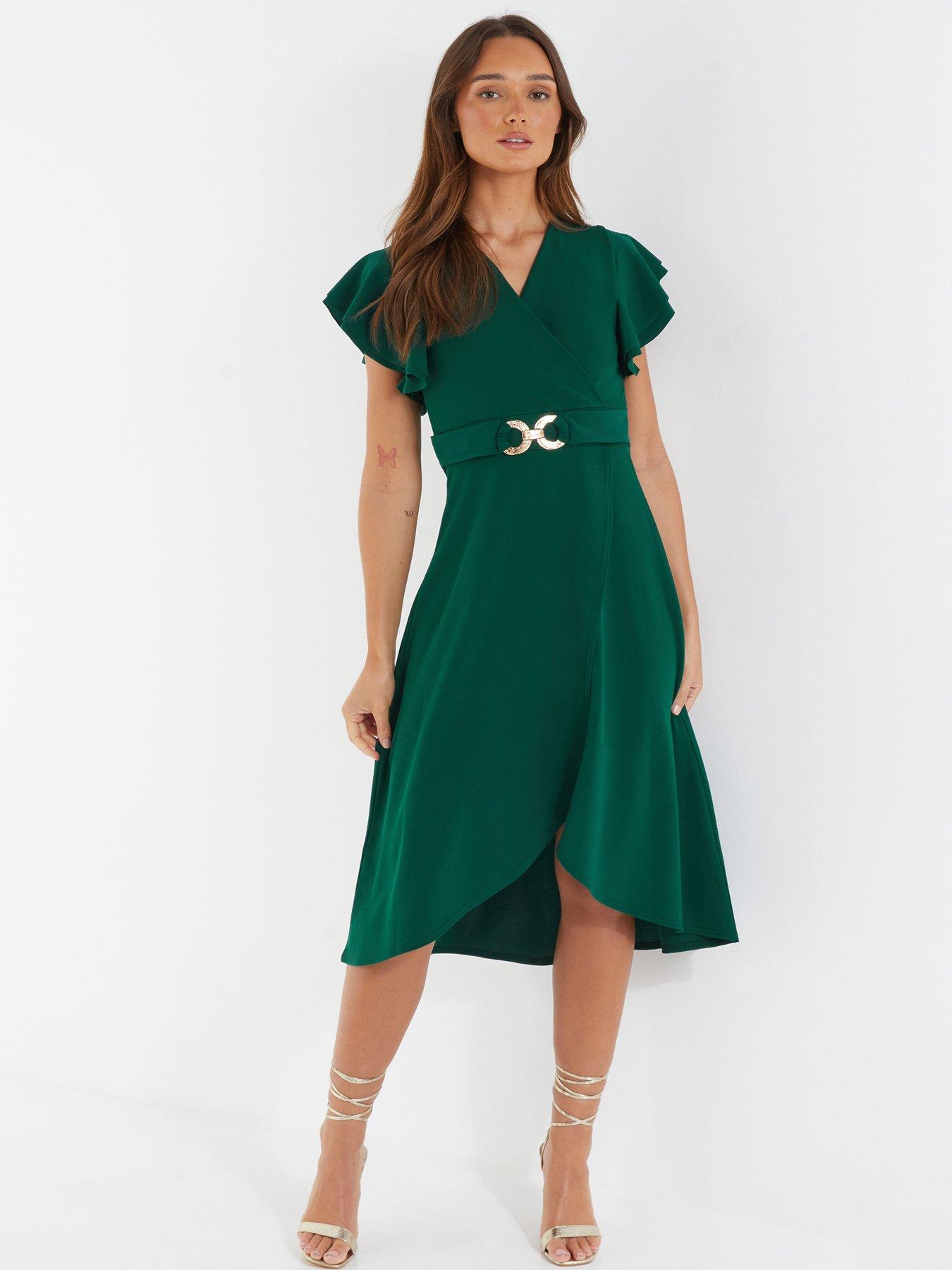 Quiz Bottle Green Wrap Dip Hem Midi Dress | Littlewoods