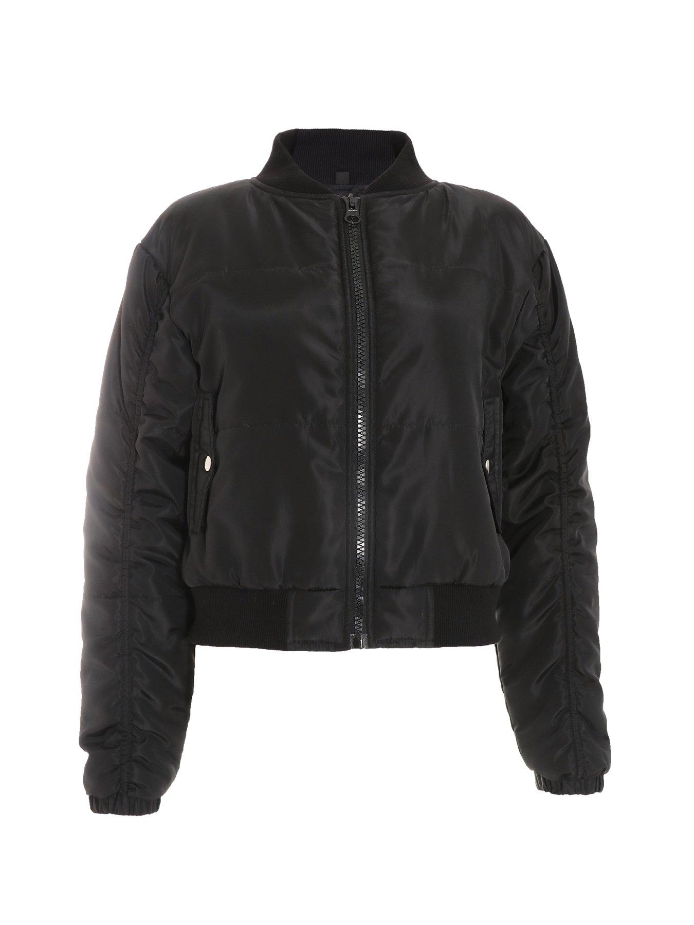  image of quiz-black-ruched-sleeve-bomber-jacket