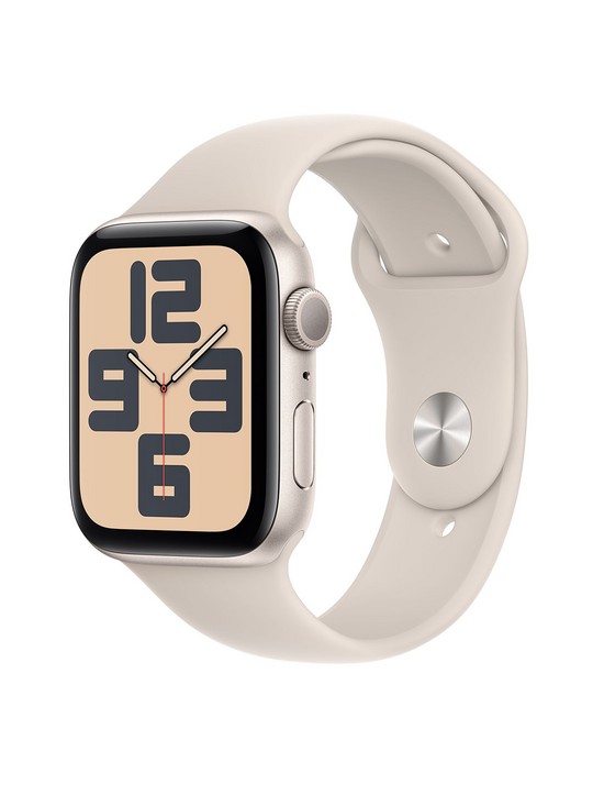 front image of apple-watch-se-gps-2023-44mm-starlight-aluminium-case-with-starlight-sport-band