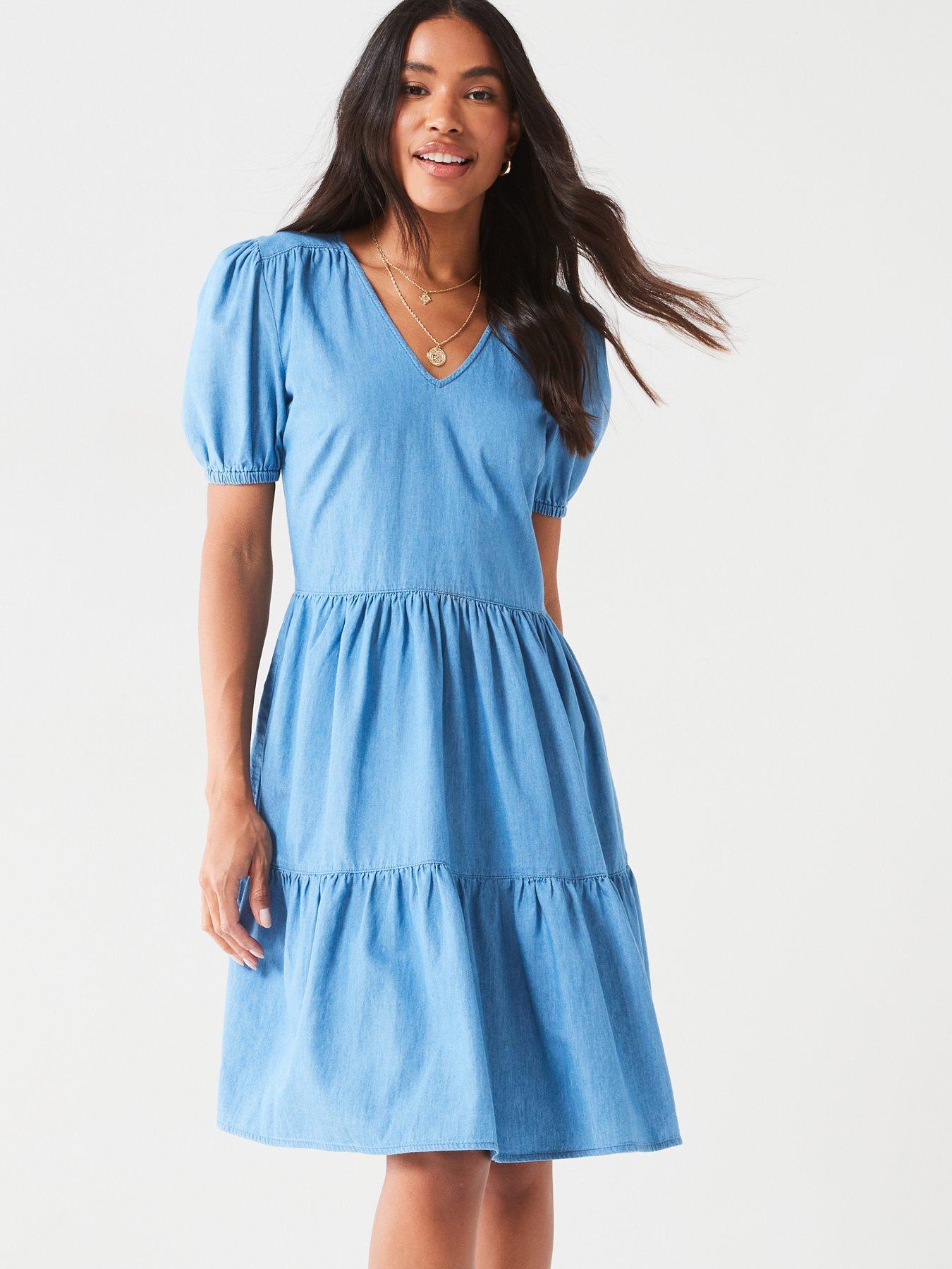 Image 1 of 5 of V by Very Tiered Denim Dress - Mid Wash