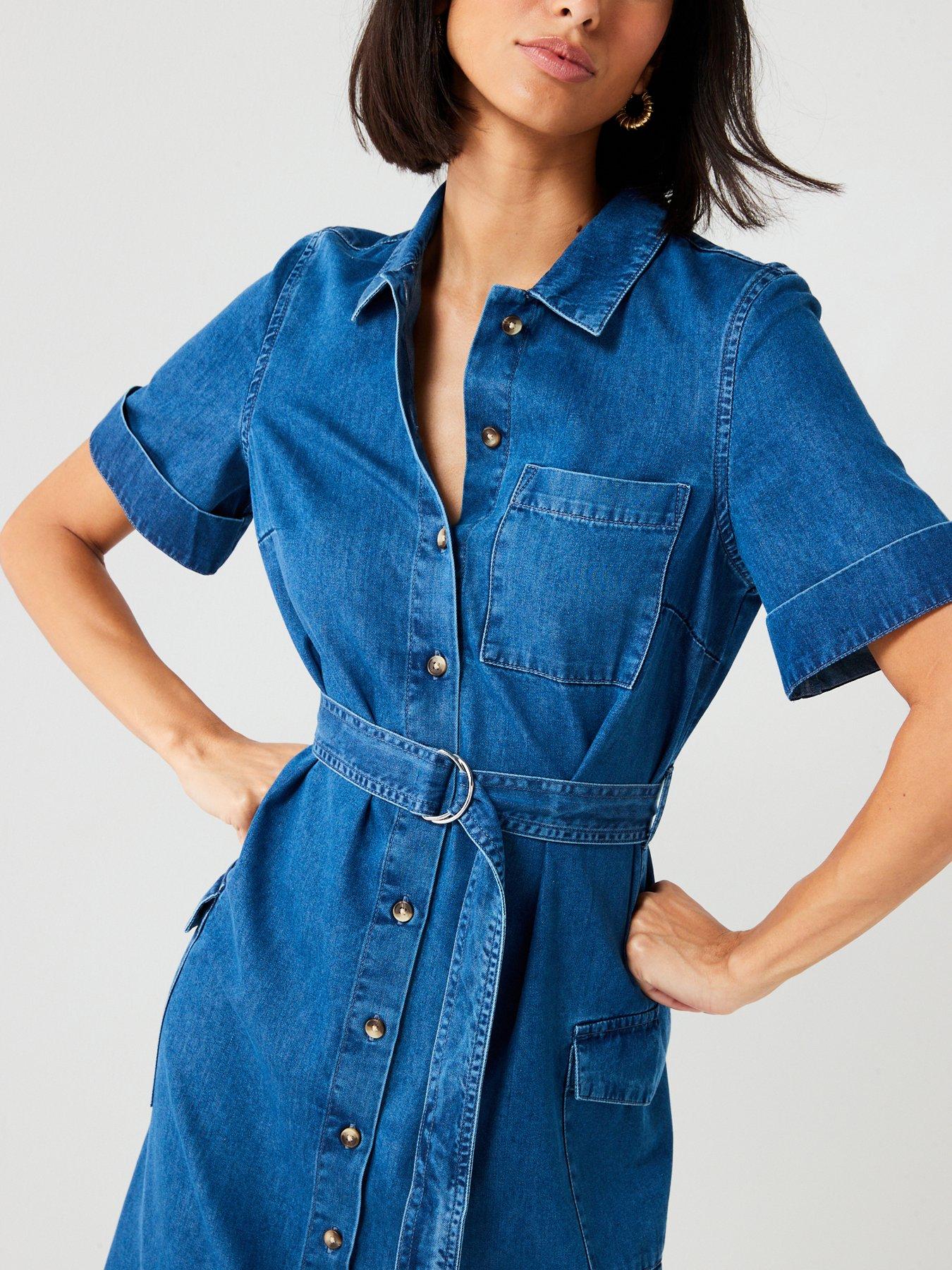 denim dress very Women's Denim Dress Vintage Style Long Waist-Fitted Shirt Dress Retro Dress  (Belt) S at Amazon Women's Clothing store