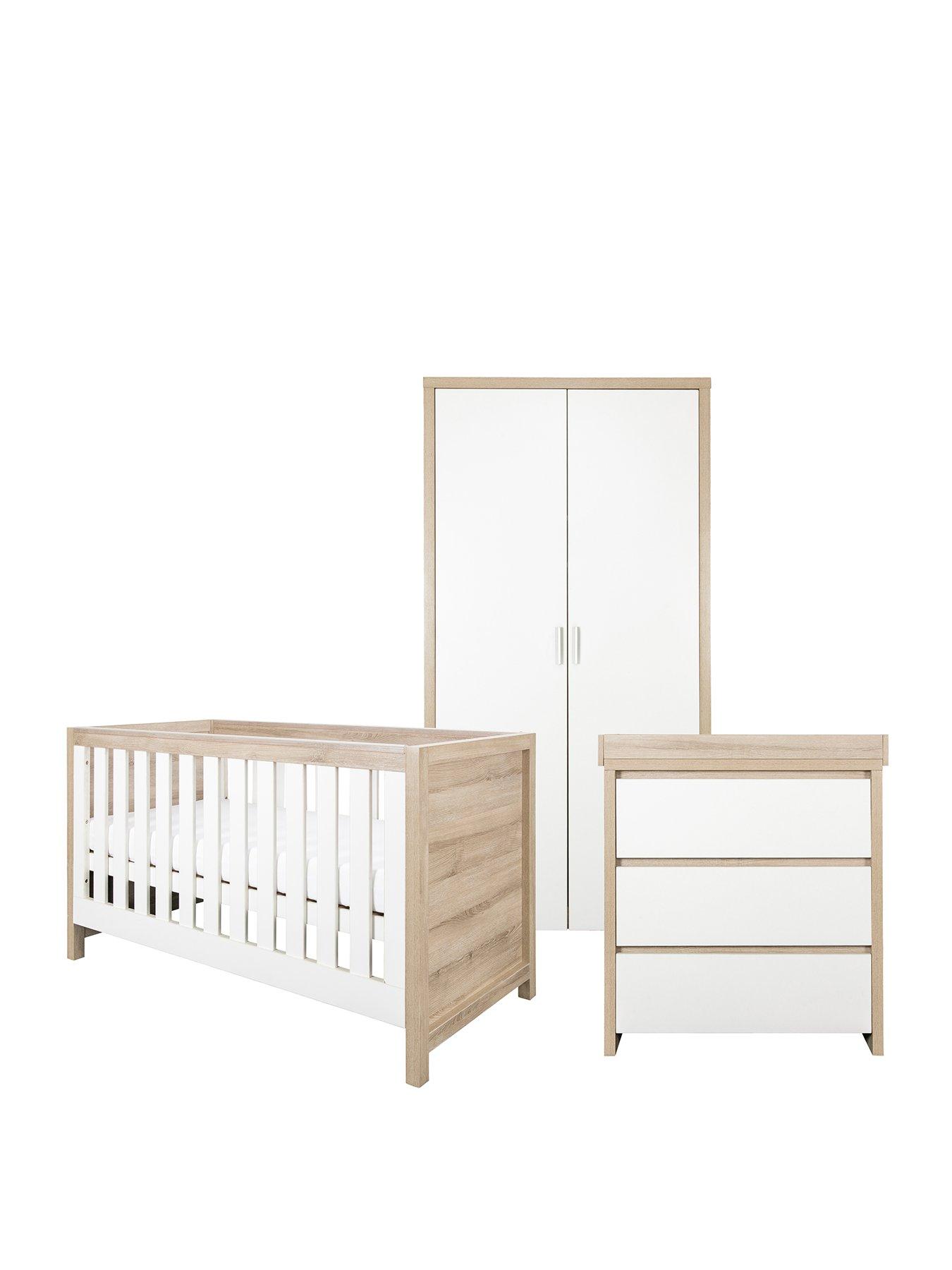 image of tutti-bambini-modena-4-piece-furniture-set--whiteoak-cot-bed-sprung-mattress-chest-changer-wardrobe