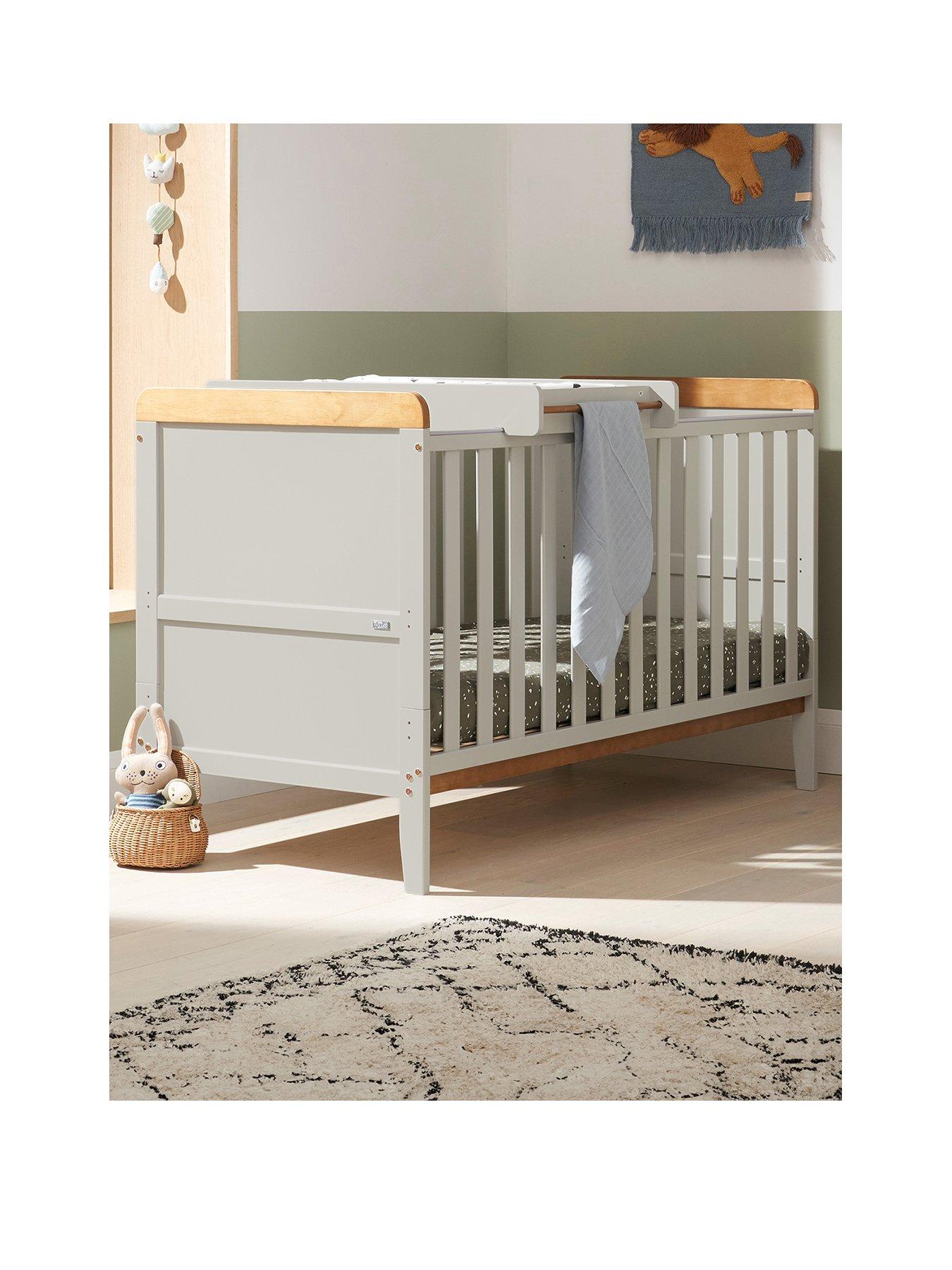  image of tutti-bambini-rio-5-piece-furniture-set--dove-greyoak-cot-bed-cot-top-changer-sprung-mattress-chest-changer-wardrobe