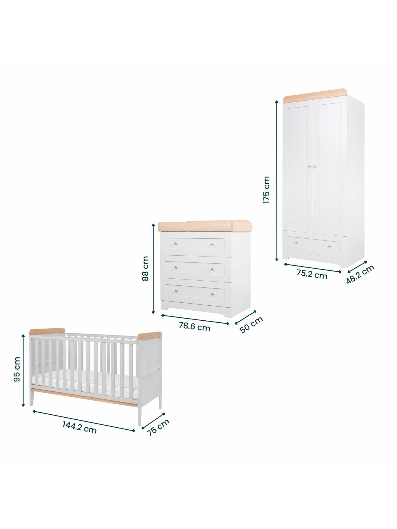  image of tutti-bambini-rio-5-piece-furniture-set--dove-greyoak-cot-bed-cot-top-changer-sprung-mattress-chest-changer-wardrobe