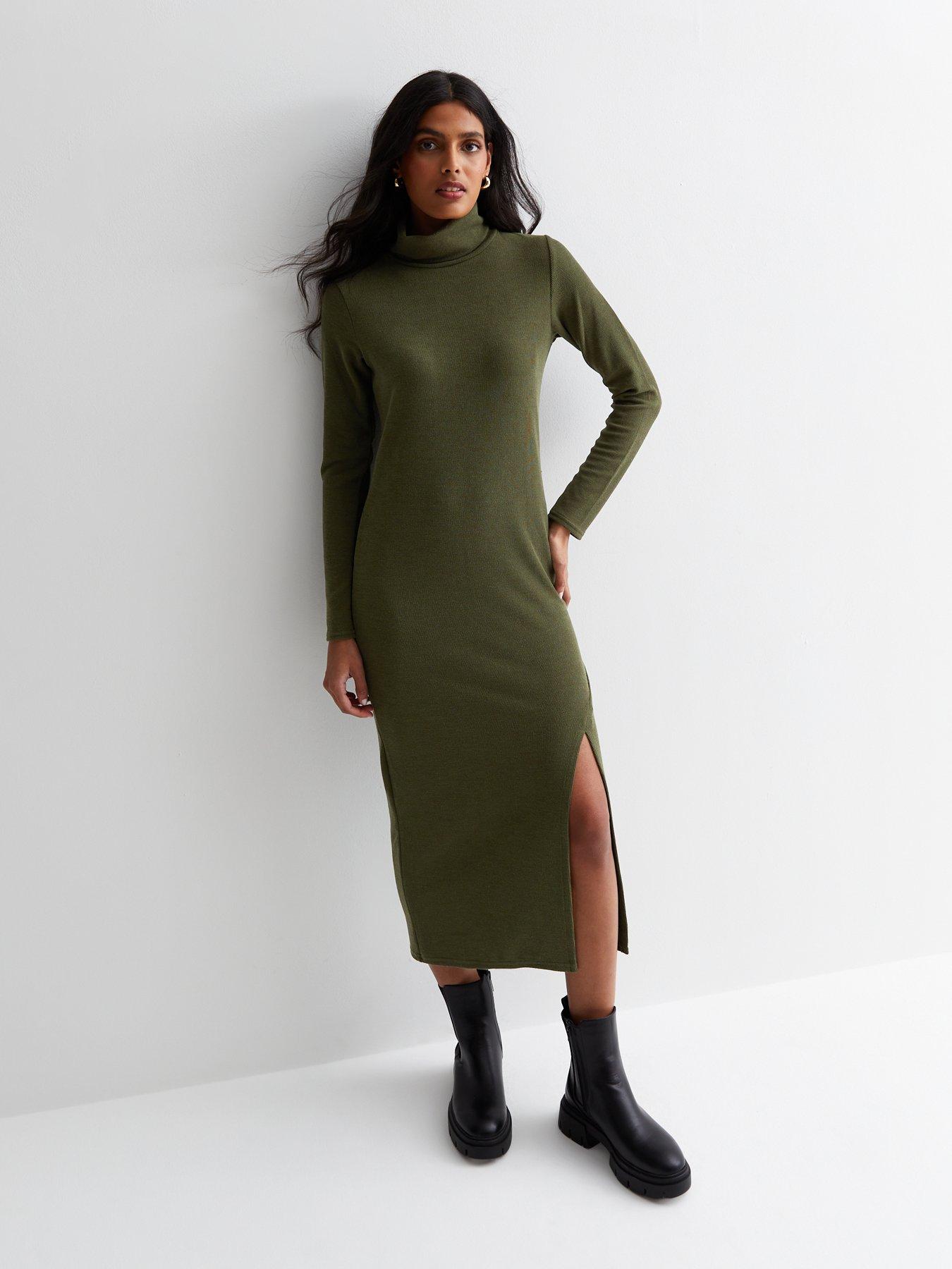 Khaki ribbed outlet midi dress