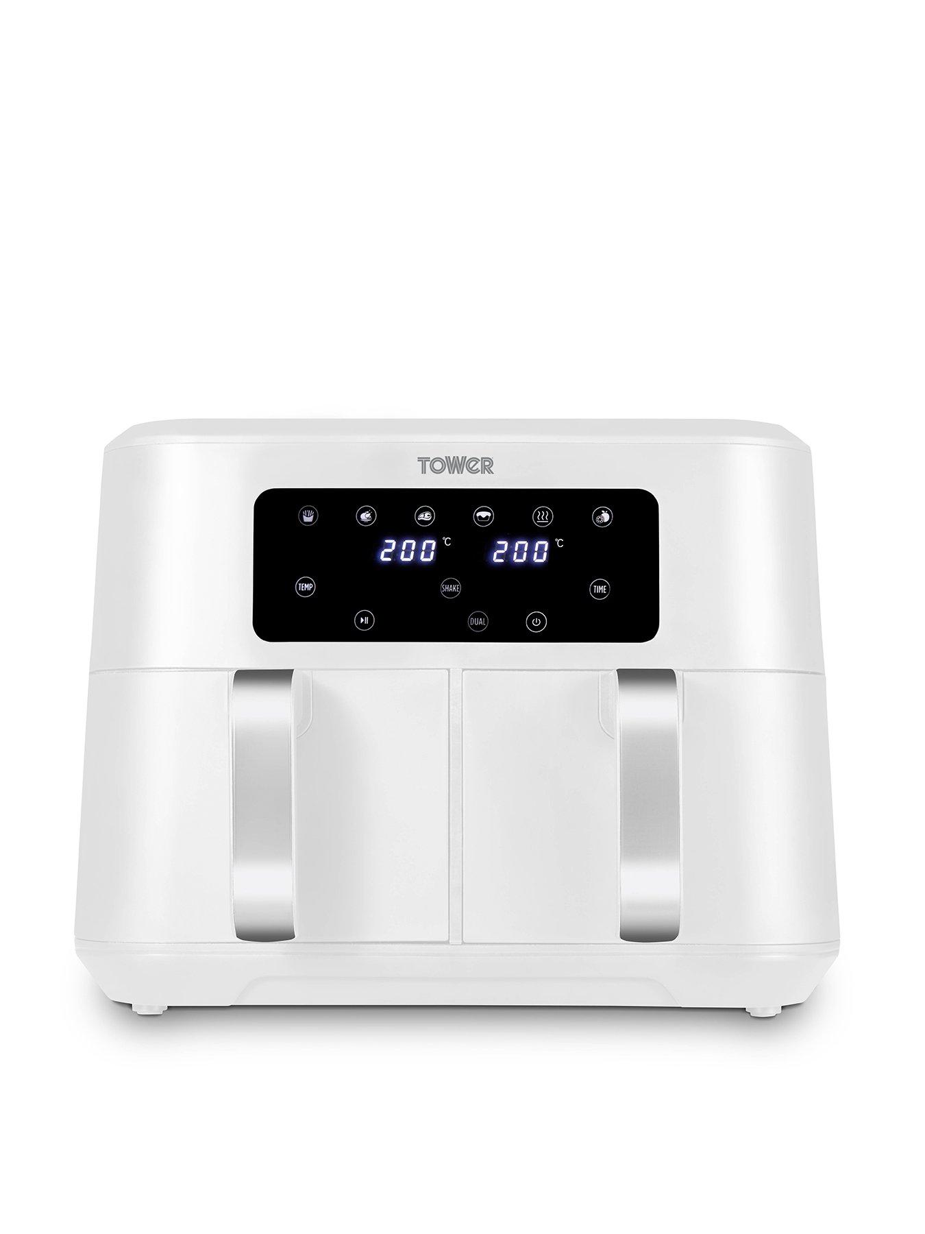 Tower T17137WHT Vortx Dual Basket Air Fryer with Two 4.25L Baskets, 2400W, White  &  Chrome