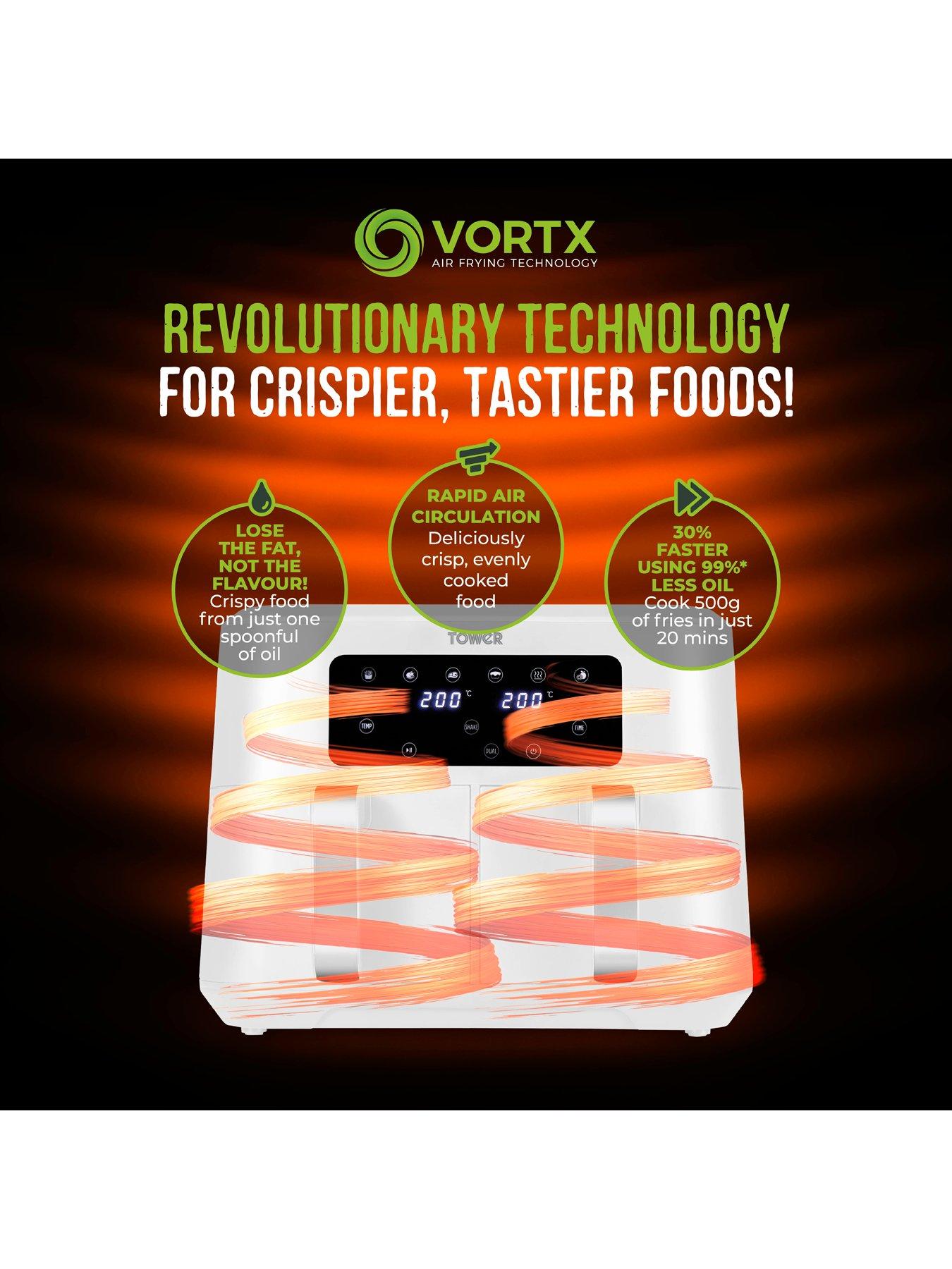  image of tower-t17137wht-vortx-dual-basket-air-fryer-with-two-425l-baskets-2400w-white-amp-chrome