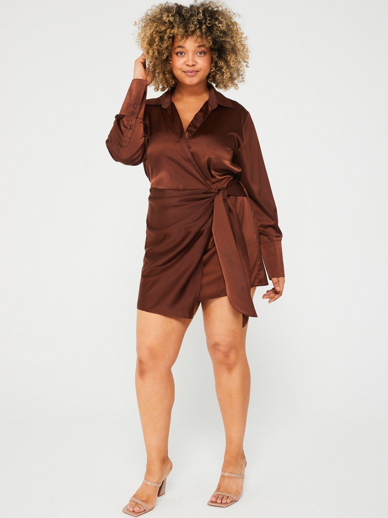 AX PARIS CURVE Chocolate Satin Wrap Long Sleeve Mini Dress littlewoods