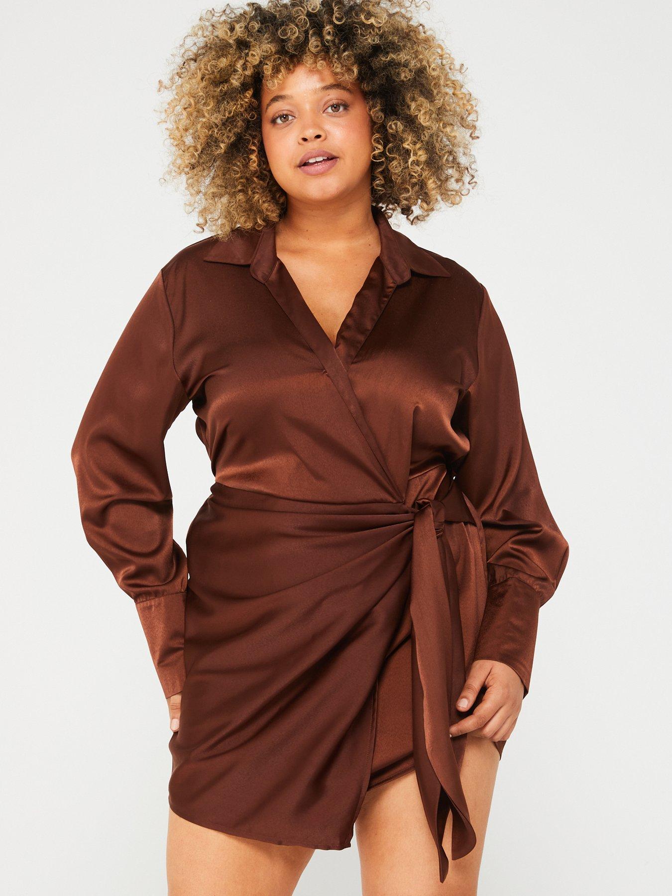 Chocolate Satin Wrap Long Sleeve Mini Dress