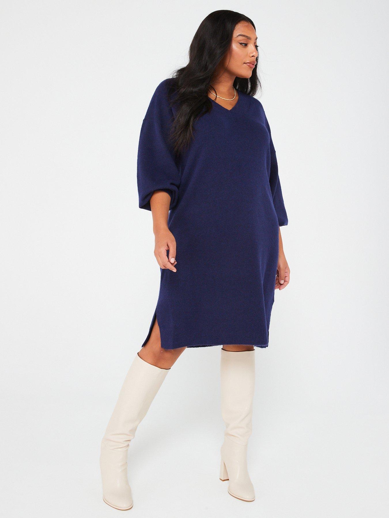 Long Sleeve V-Neck Knit Dress - Blue