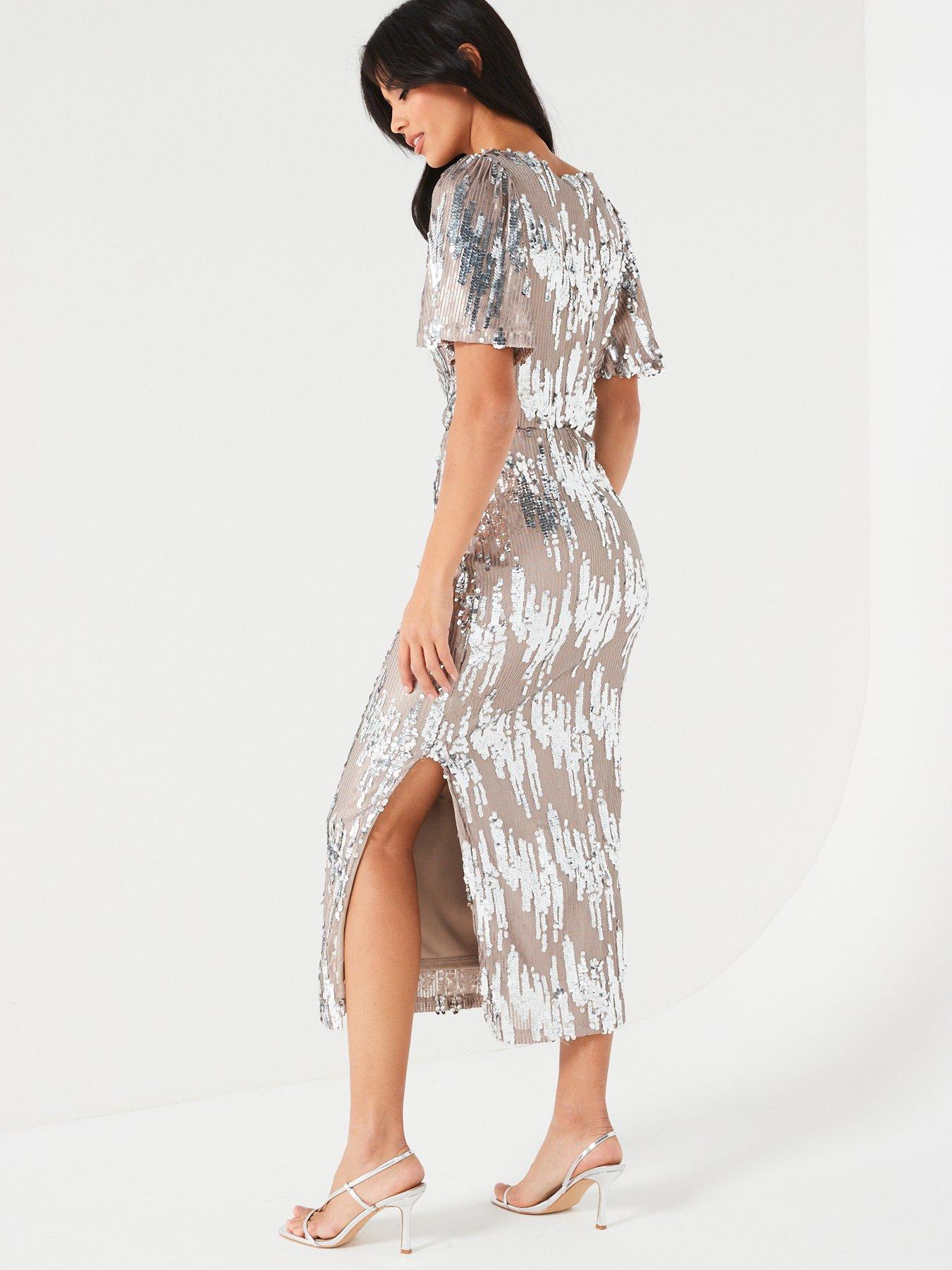 Maya Short Sleeve Sequin Ankle Dress Silver