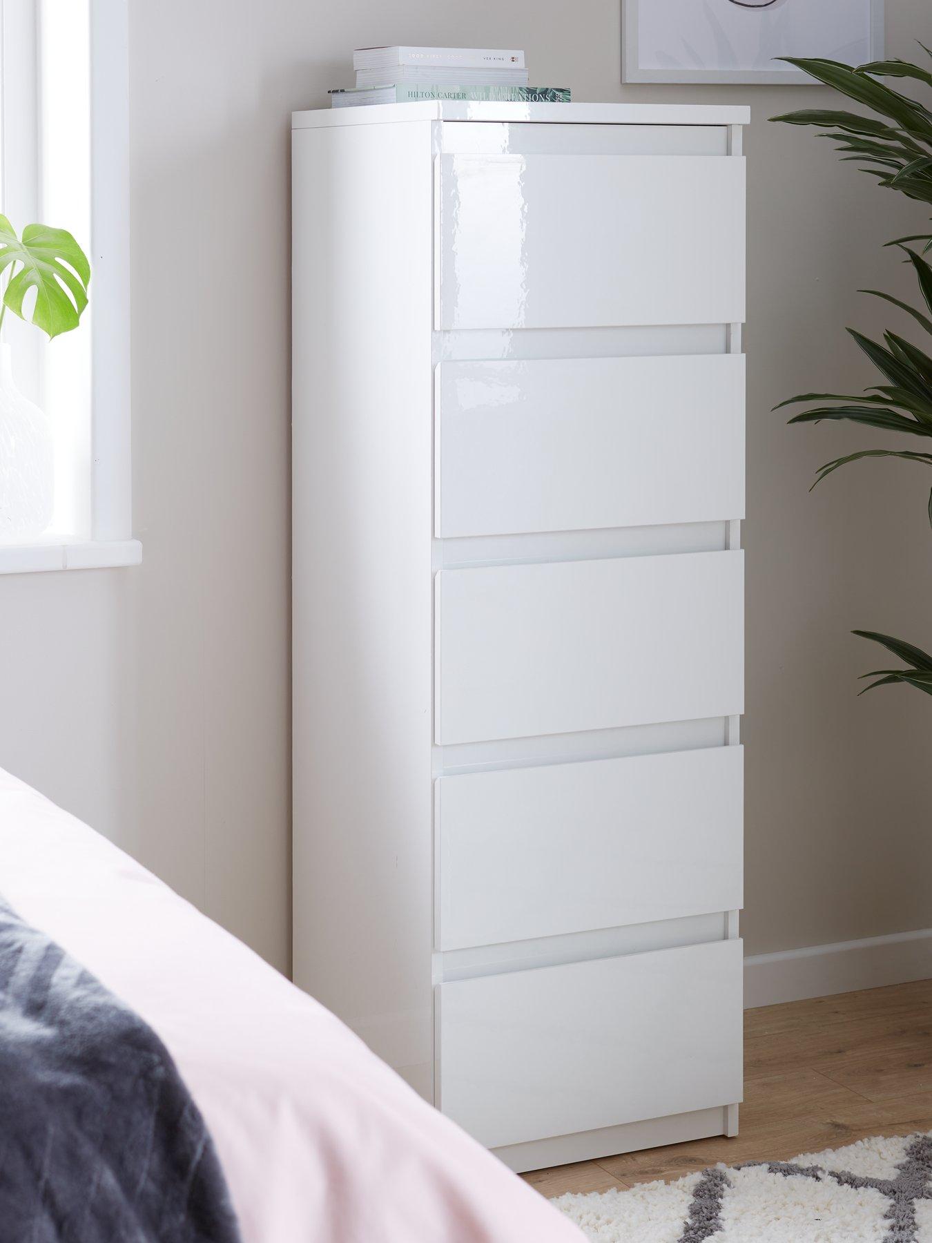 White gloss narrow store chest of drawers