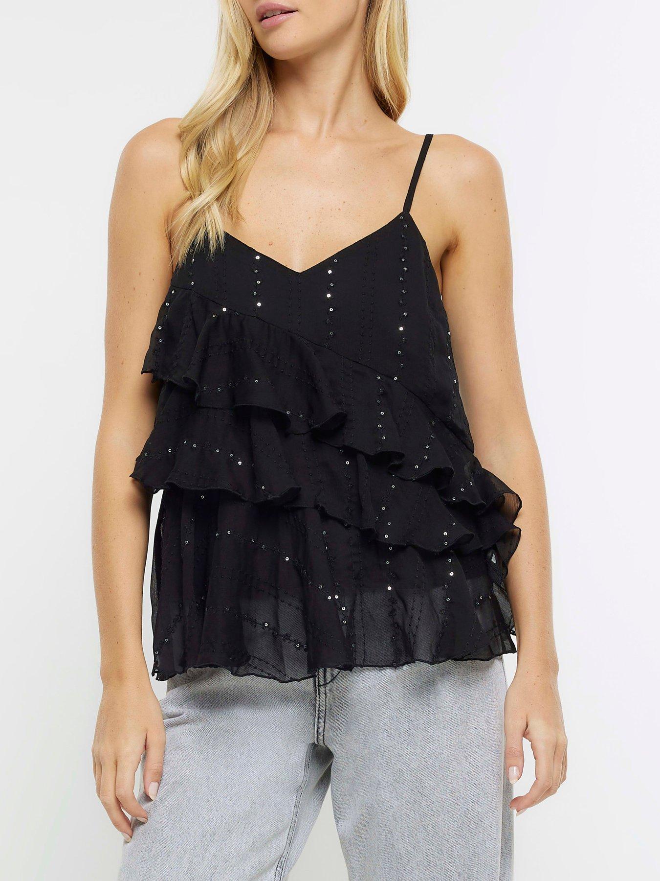 Embellished Ruffle Cami Black