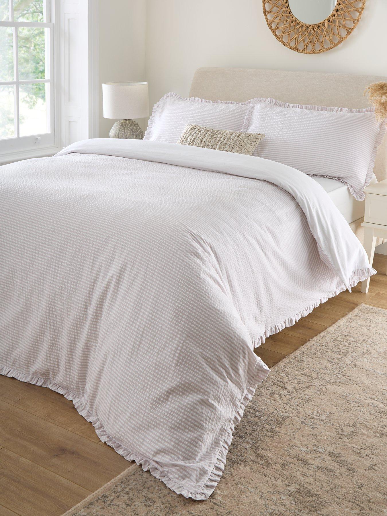 undefined Stripe Seersucker Ruffle Edge Duvet Cover - White/Natural