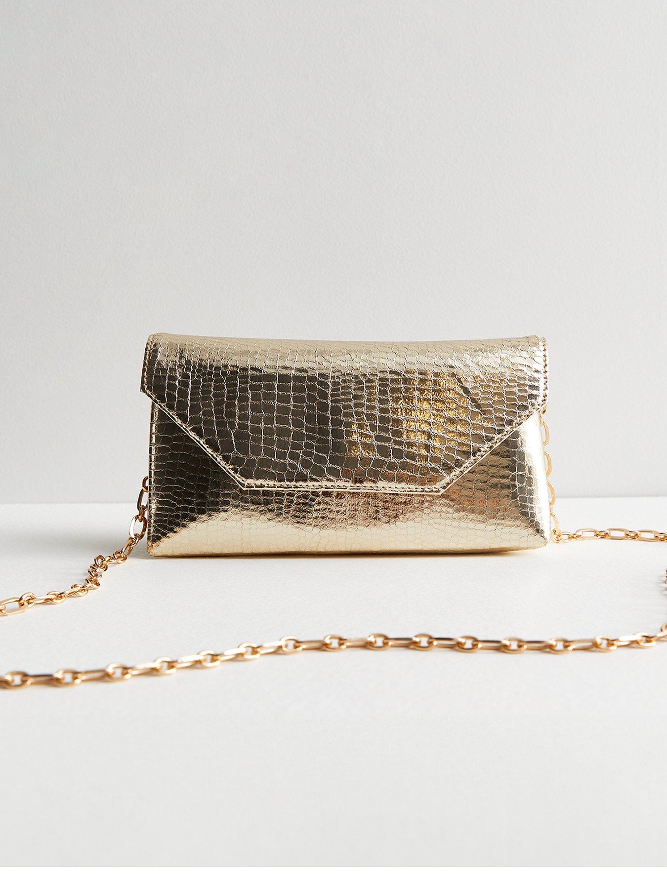 New Look Gold Faux Croc Chain Clutch Bag