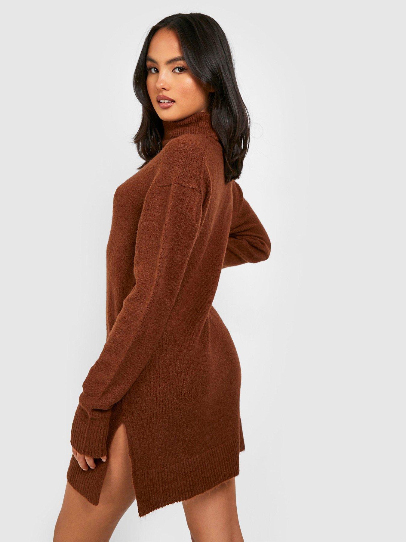 Boohoo Roll Neck Oversized Jumper Dress Brown littlewoods