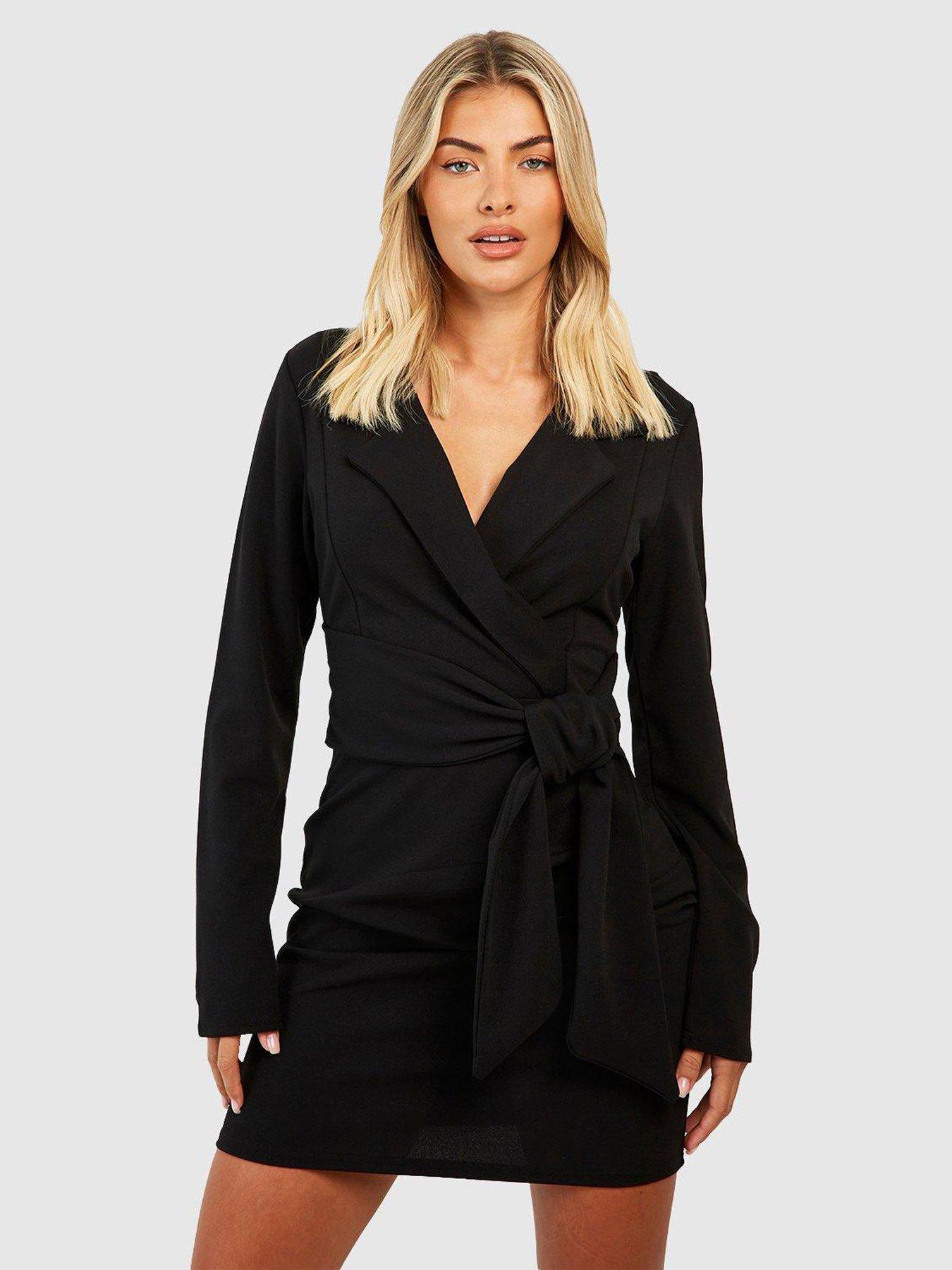 Boohoo Crepe Tie Waist Blazer Dress Black littlewoods