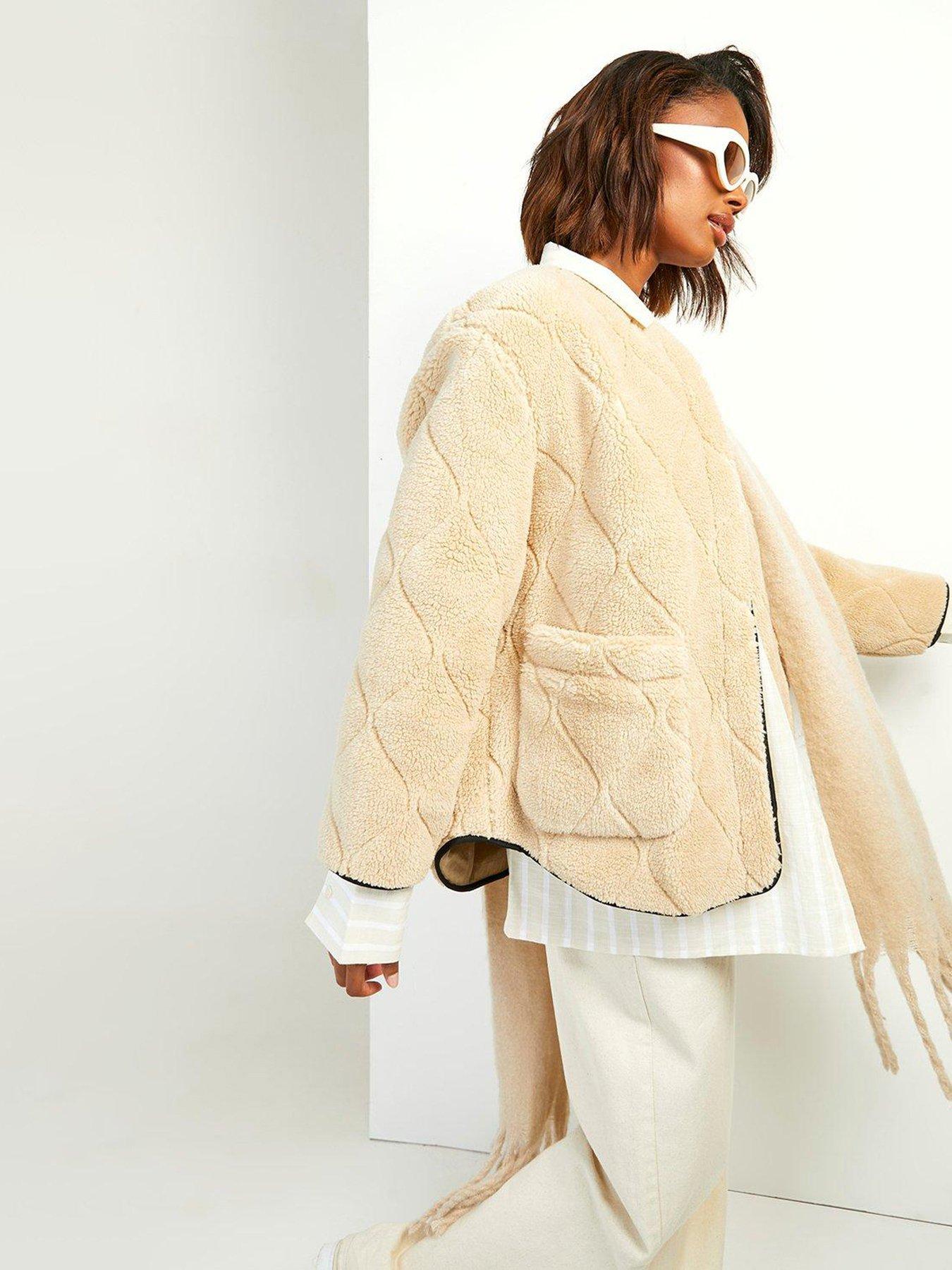 Image 1 of 4 of Boohoo Onion Quilted Faux Fur Teddy Jacket - Beige