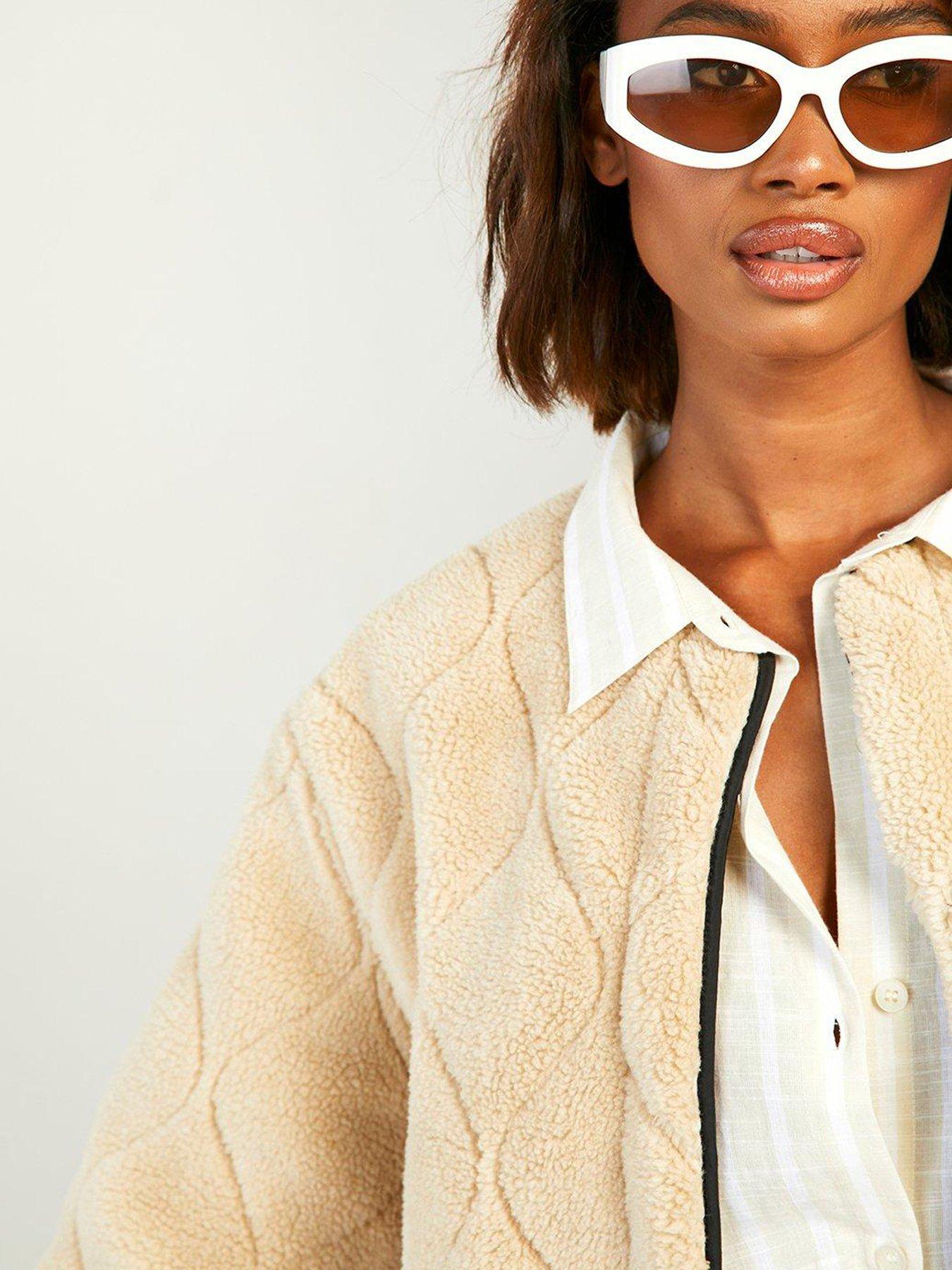 Image 4 of 4 of Boohoo Onion Quilted Faux Fur Teddy Jacket - Beige