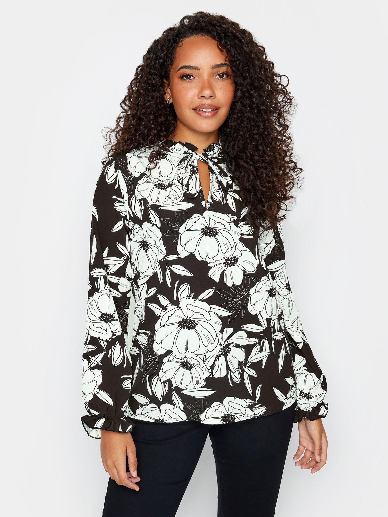 undefined Floral Tie Neck Blouse - Black