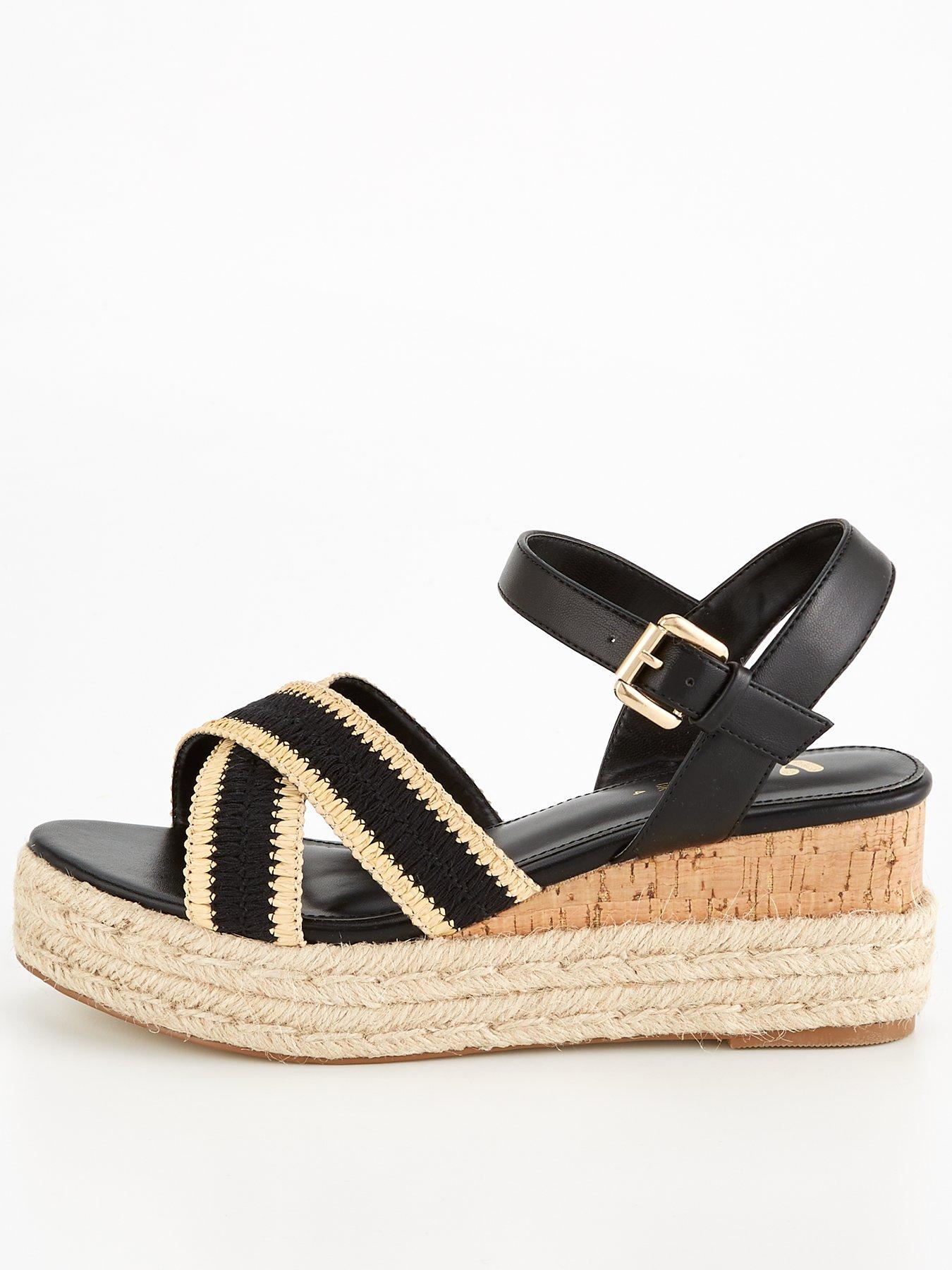 V by Very Wide Fit Cork Insert Raffia Wedge Sandal Black littlewoods