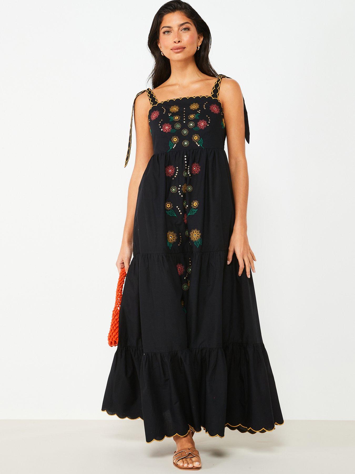 undefined Tie Shoulder Embroidered Midi Dress - Black