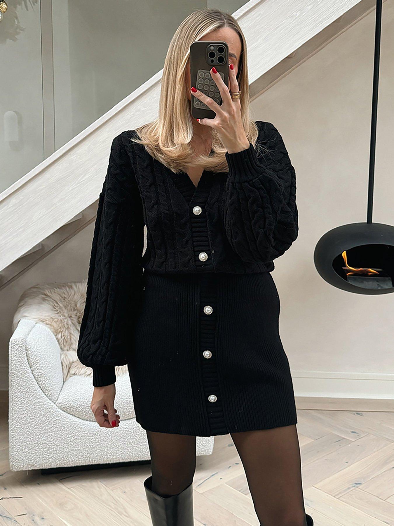 Perrie Sian Button Up Knit Midi Dress Black