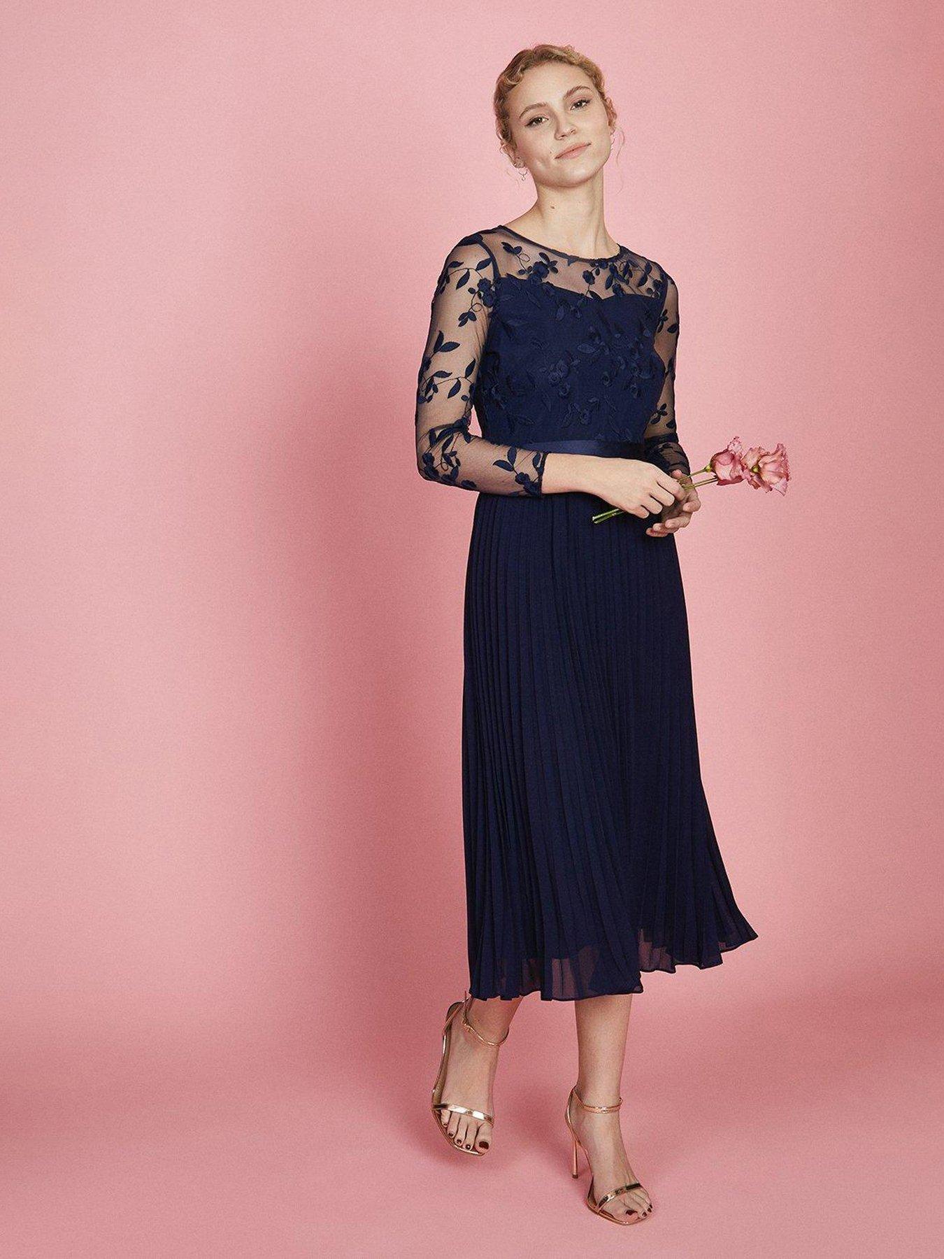 Embroidered Long Sleeve Midi Dress Navy