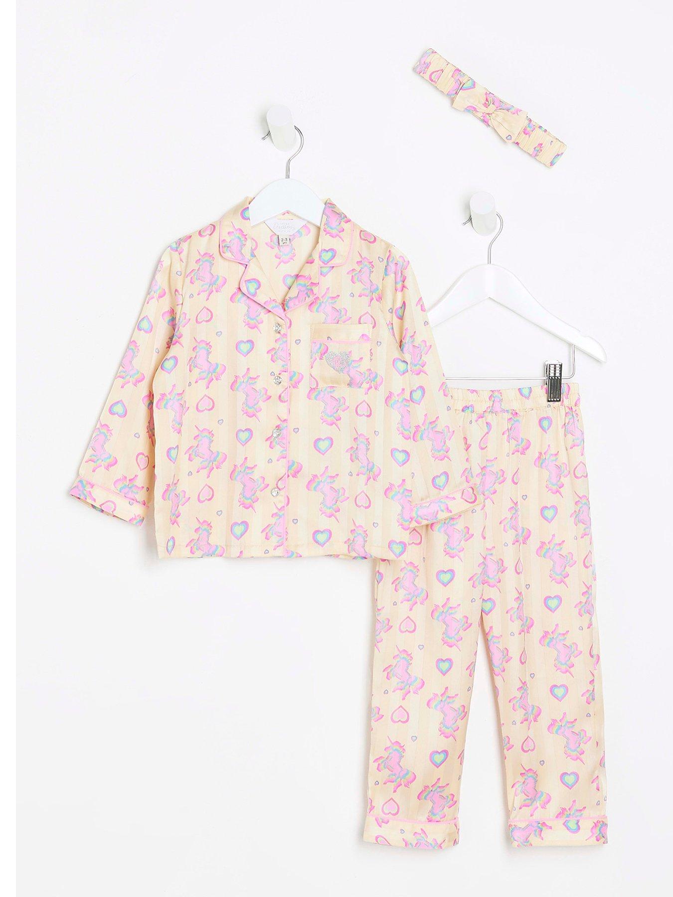 River Island Mini Mini Girls Unicorn Print Satin Pyjamas Yellow