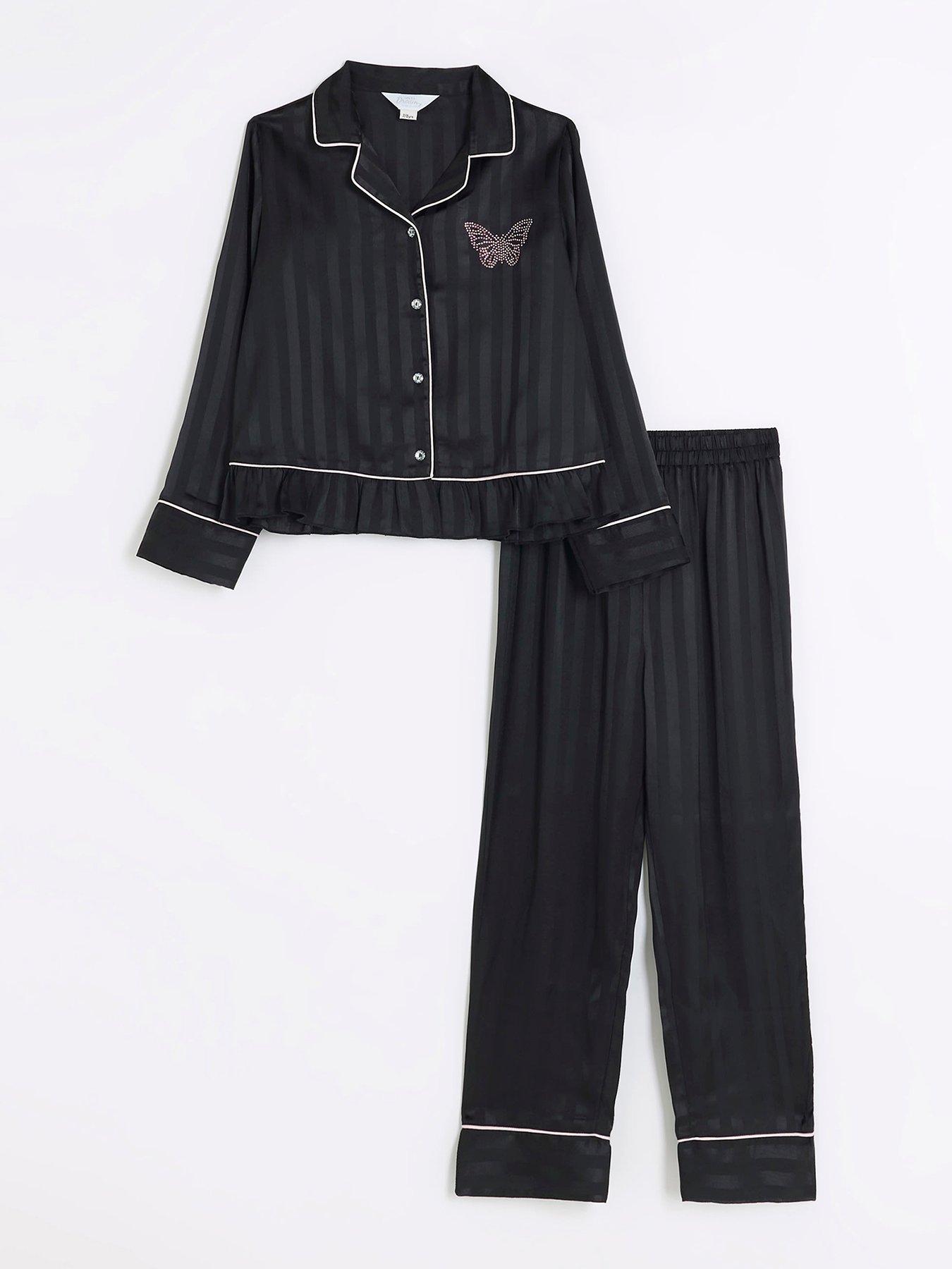 River Island Girls Satin Long Sleeve Pyjama Set - Black
