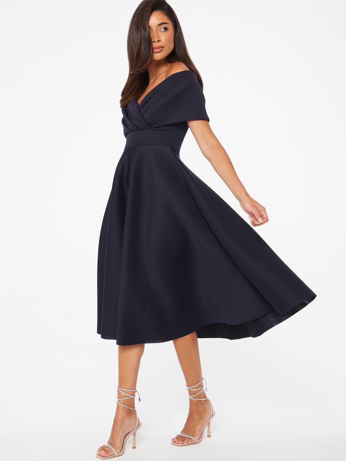 knee length dresses for ladies Bardot Pleated Midi Dress - Navy Blue main image 0