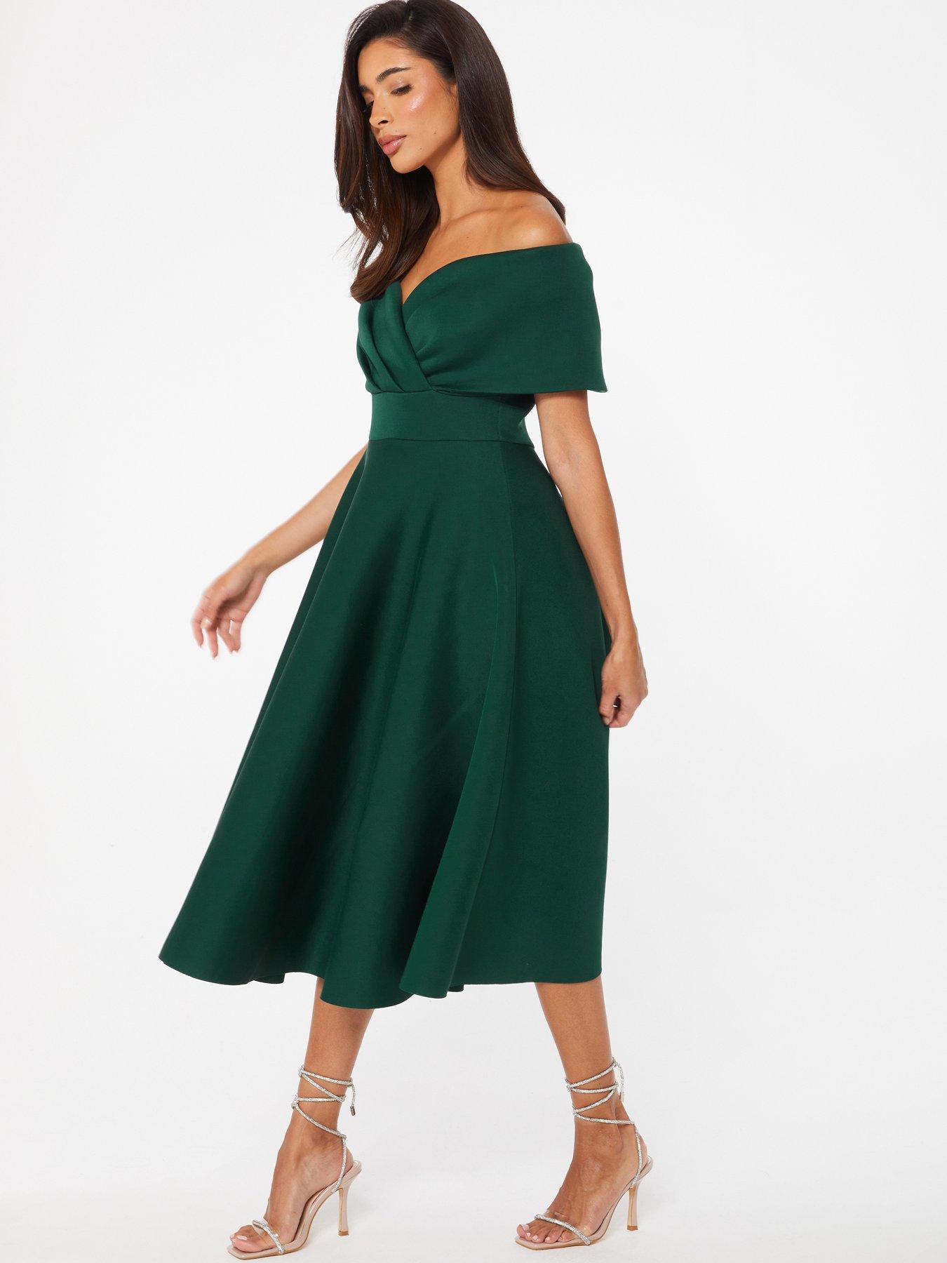 Bottle Green Bardot Skater Midi Dress