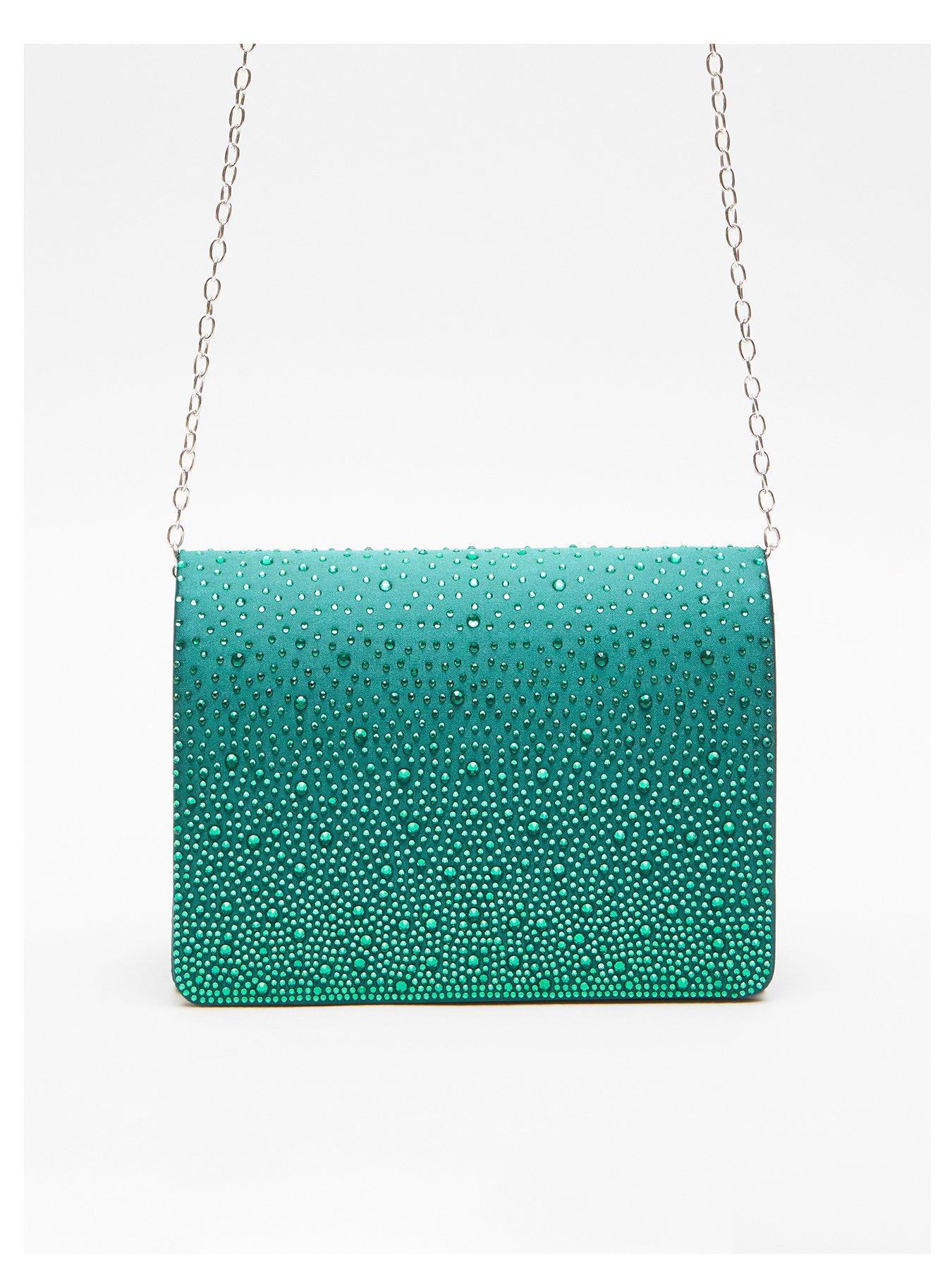 Quiz Green Satin Diamante Clutch Bag